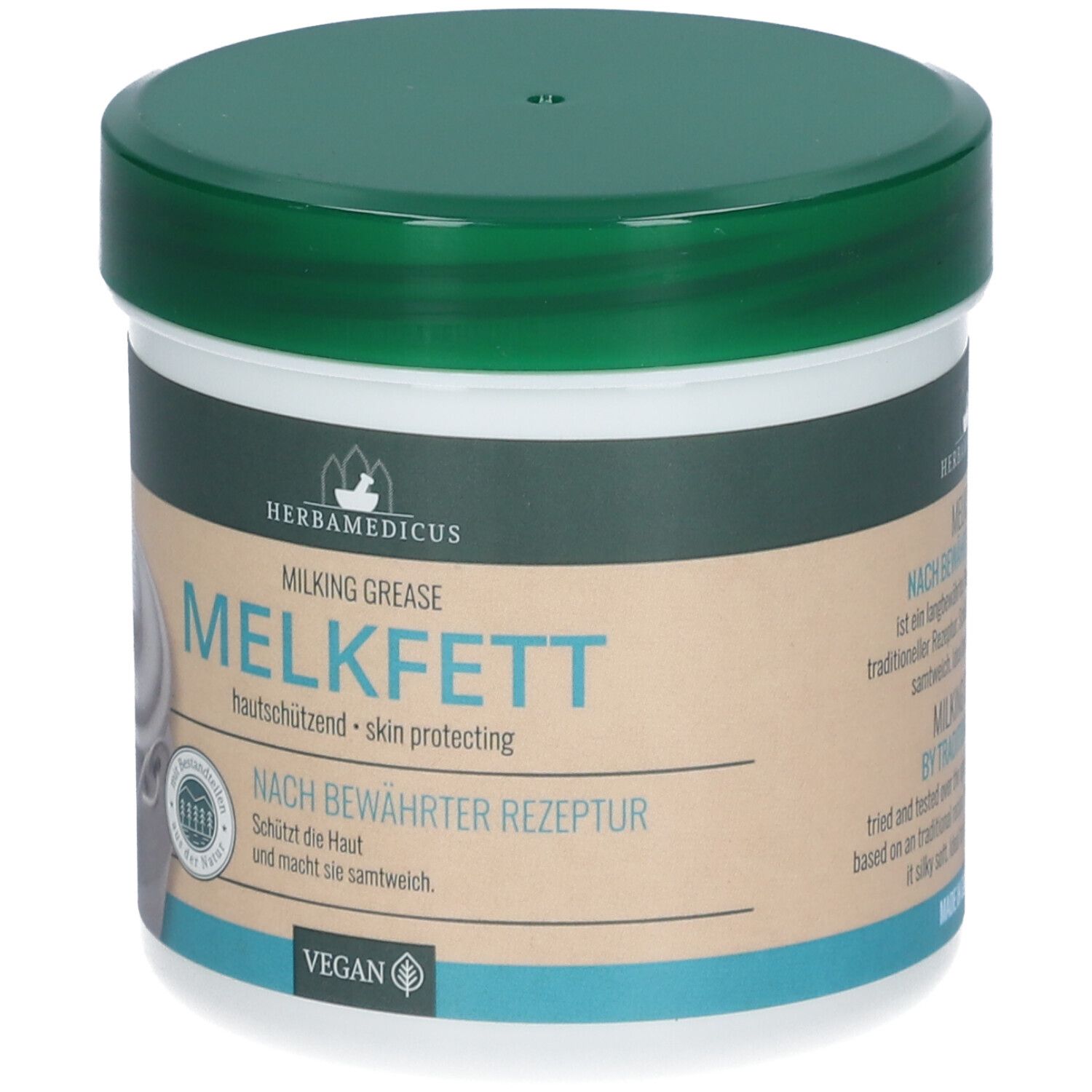 Pot HERBAMEDICUS MELKFETT avec sceau 'Vegan' et illustration graphique de pot à lait.