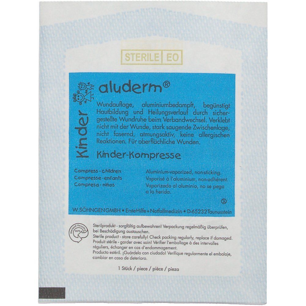 Emballage aluderm® Kinder Kompresse. Texte bleu, nom du produit et Kinder-Kompresse. Logo stérile.