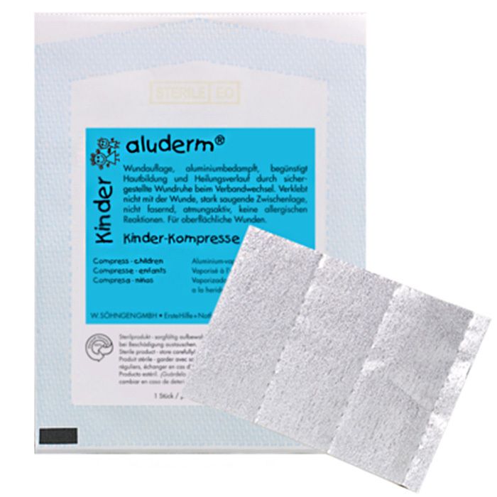 Emballage d'une compresse aluderm® Kinder, aluminisée, pour le traitement des plaies.