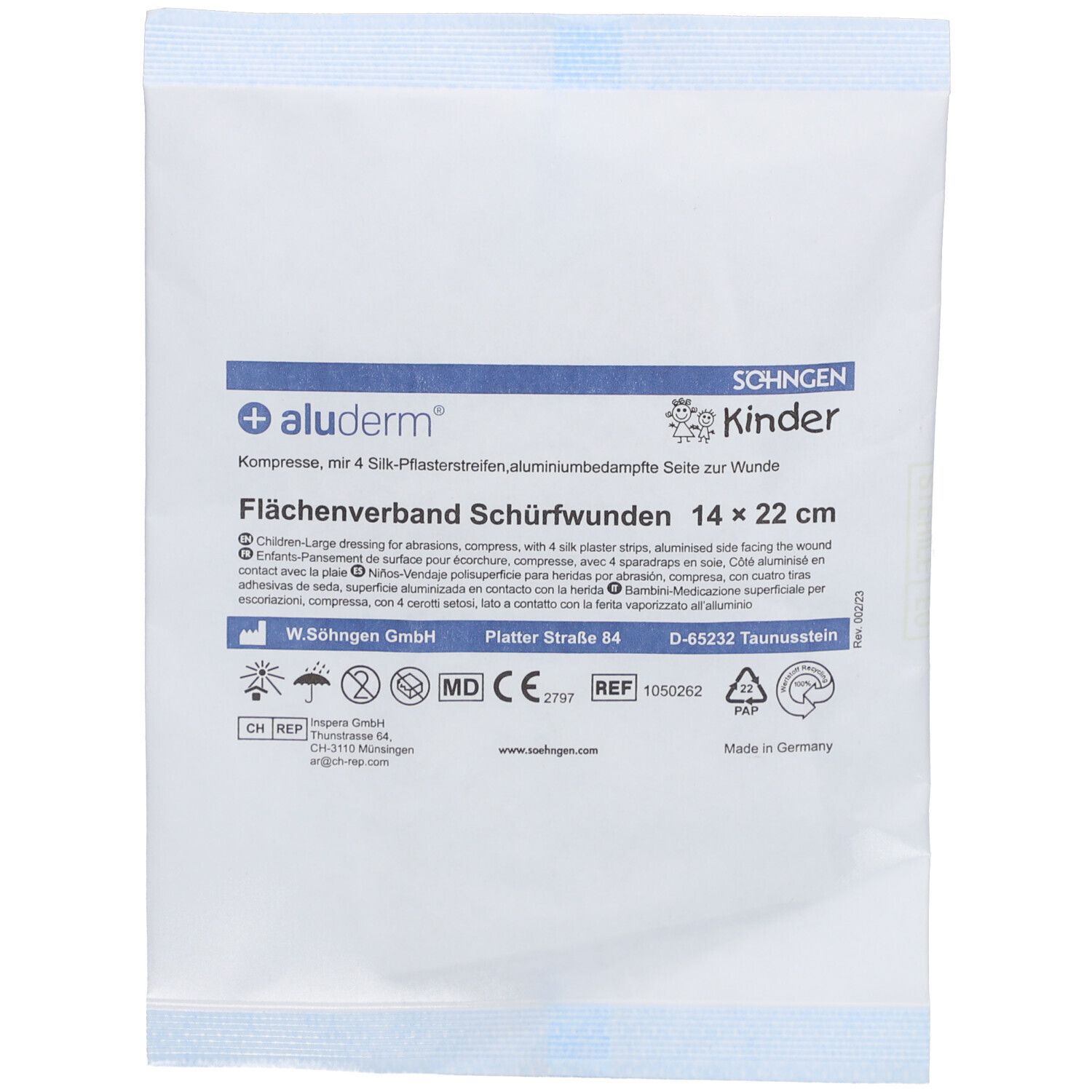 Emballage aluderm® Kinder Flächenverband. Texte bleu et logo. Dimensions : 14 x 22 cm. Contient 4 pansements en soie.