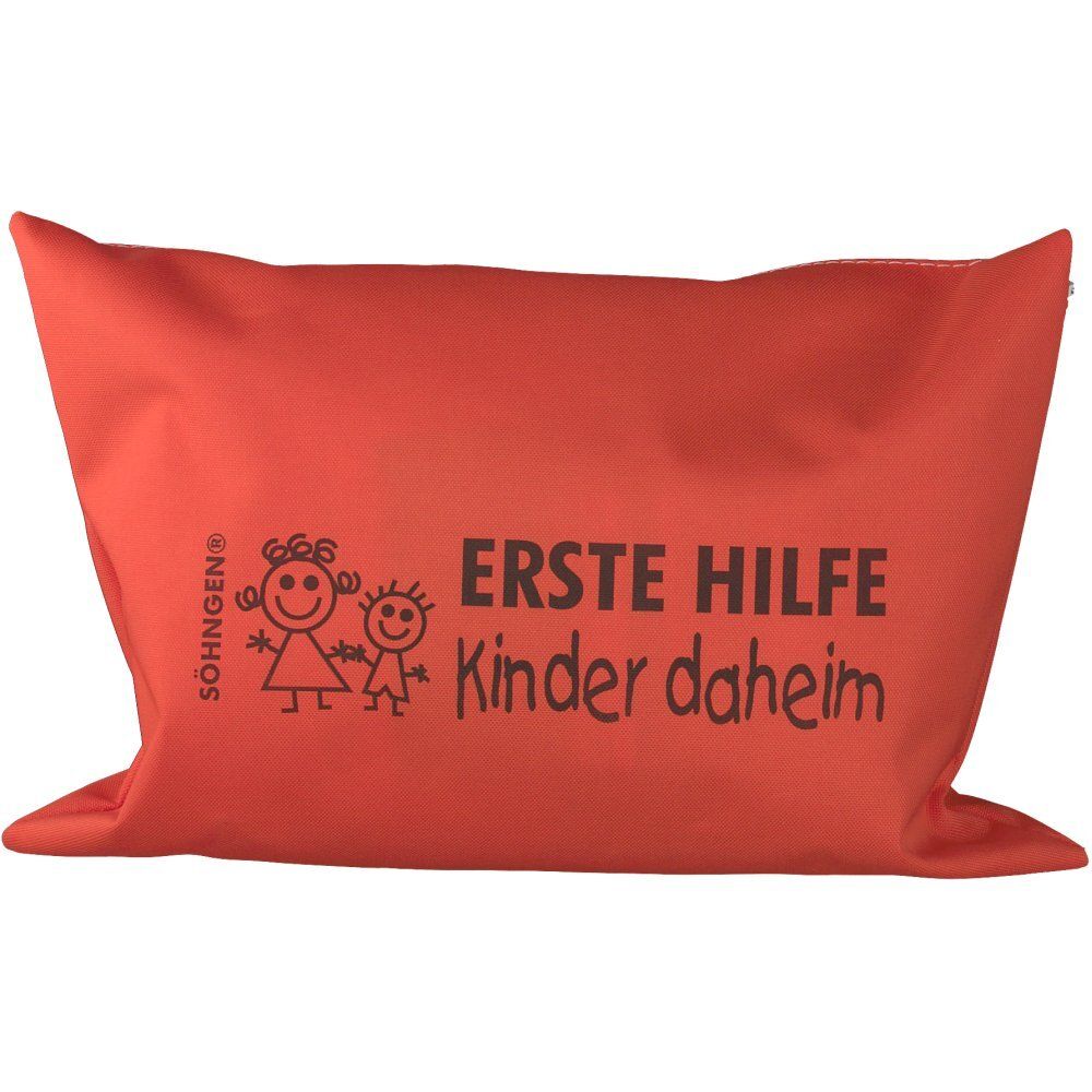 Trousse de premiers secours rouge pour enfants. Inscription et logo. Marque Söhngen. Forme rectangulaire, matière souple.