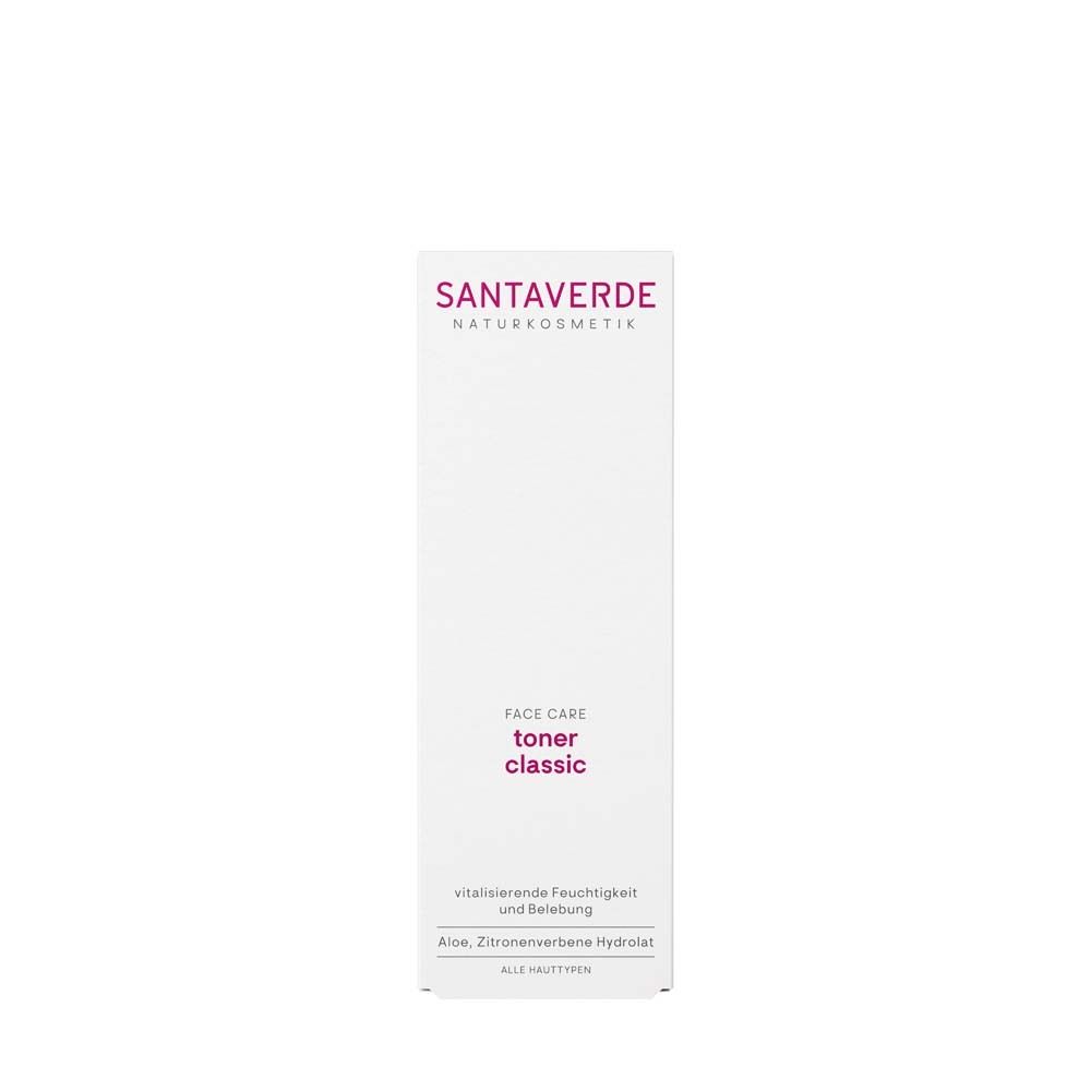 Emballage blanc avec inscription: SANTAVERDE, toner classic. Texte: Aloe, hydrolat de verveine citronnée.