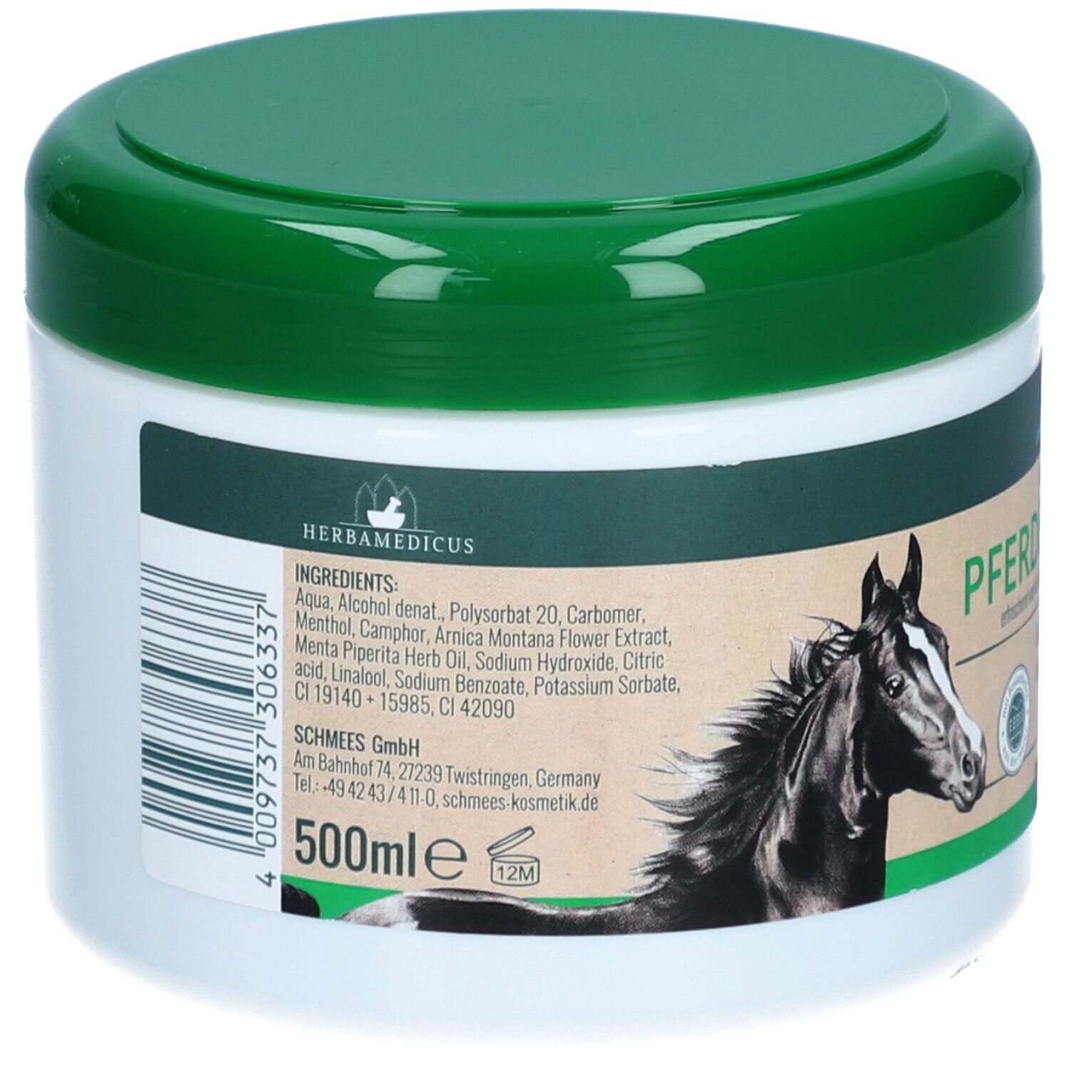 Pot blanc avec couvercle vert. Dos avec ingrédients et informations fabricant. 500ml. Symbole 12M.