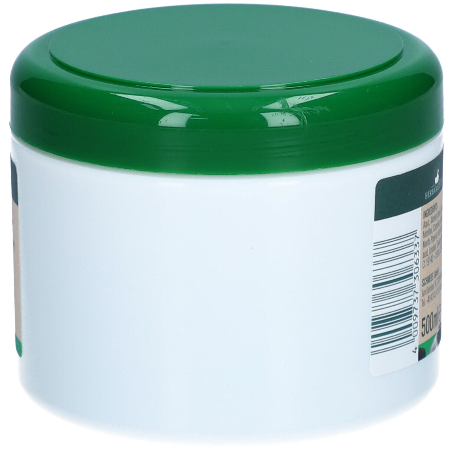 Pot blanc avec couvercle vert. Vue latérale. Code-barres et informations fabricant.