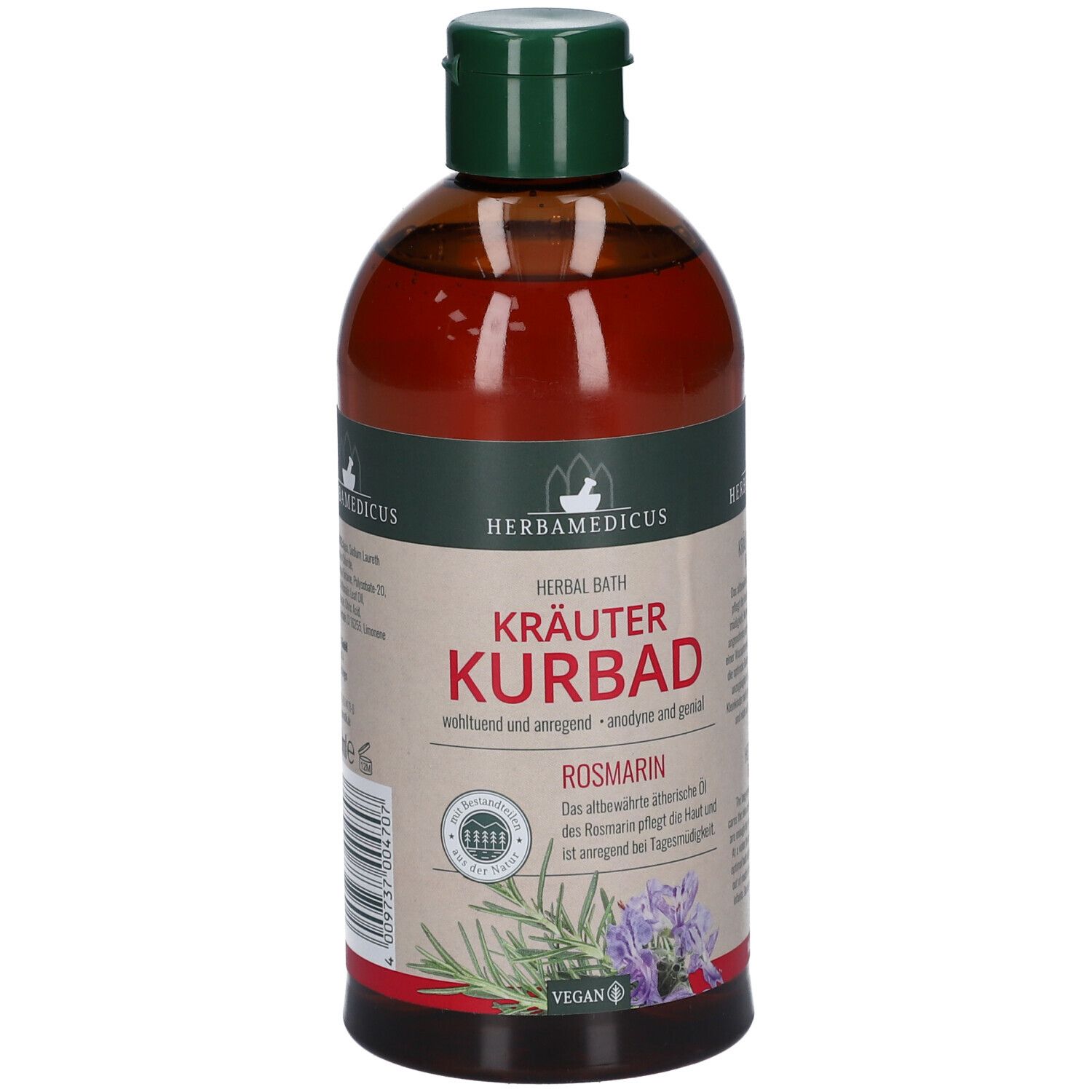 Bouteille en verre brun avec bouchon vert, contenant un concentré de bain aux herbes brun-rougeâtre. Étiquette avec herbes et fleurs.