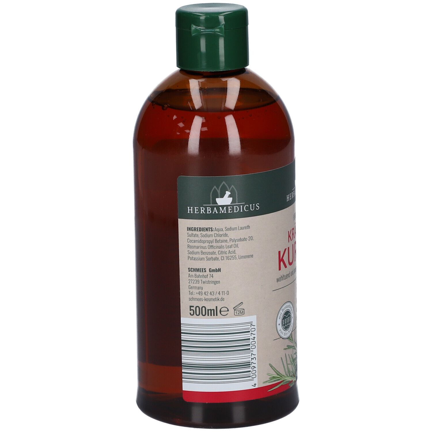 Arrière d'une bouteille en verre brun de bain aux herbes. L'étiquette montre les ingrédients, le fabricant et la mention 500ml. Code-barres visible.