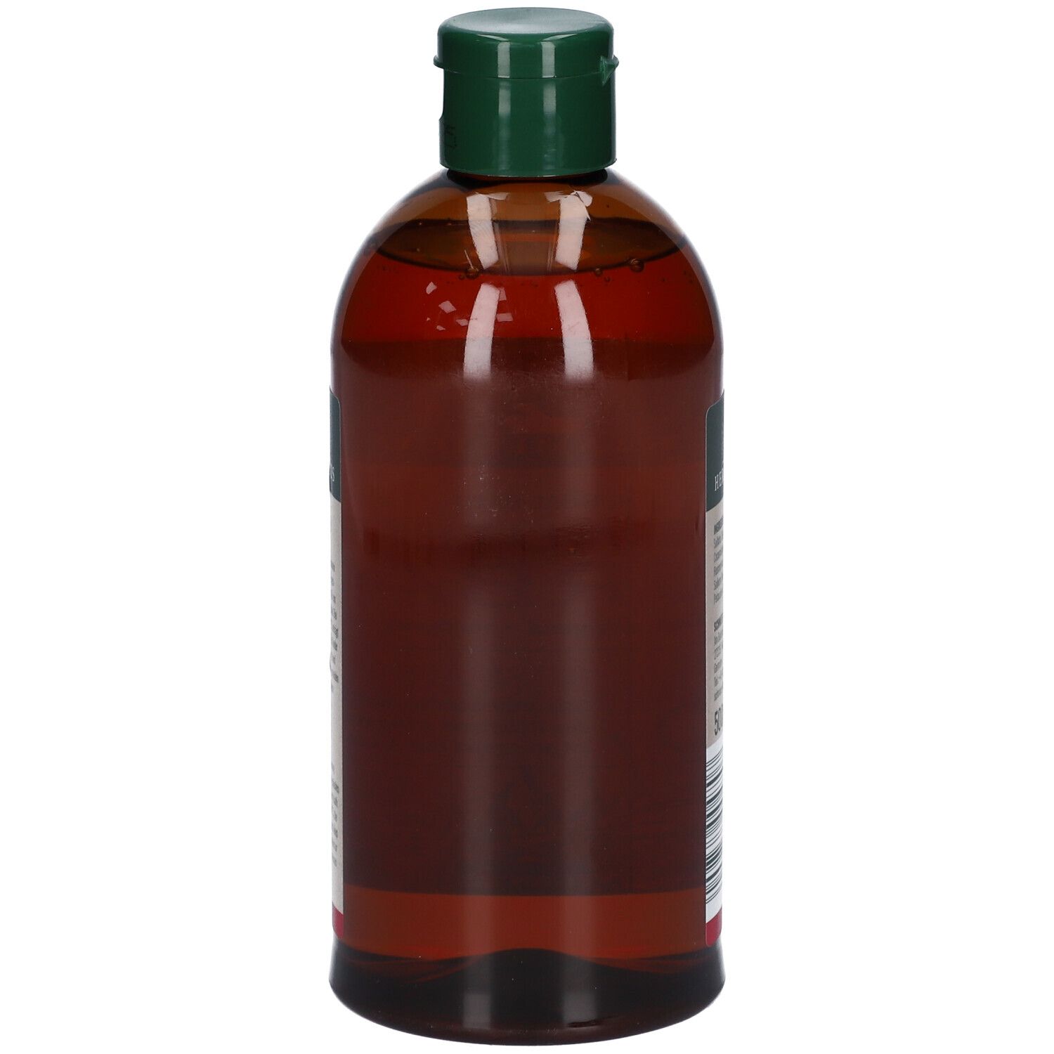 Vue latérale d'une bouteille en verre brun avec bouchon vert, contenant un concentré de bain aux herbes brun-rougeâtre.