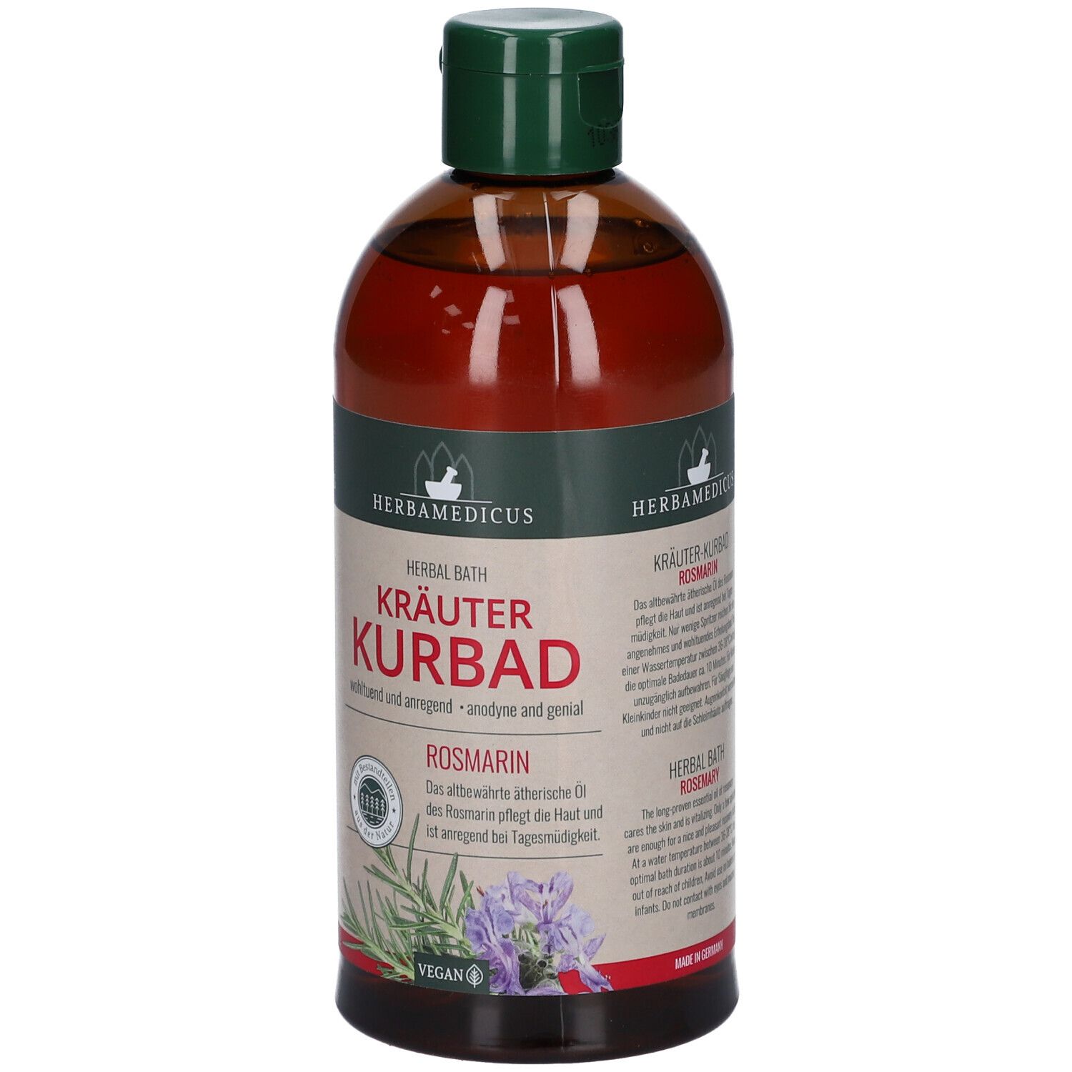 Bouteille en verre brun avec bouchon vert, contenant un concentré de bain aux herbes brun-rougeâtre. Étiquette avec herbes et fleurs.
