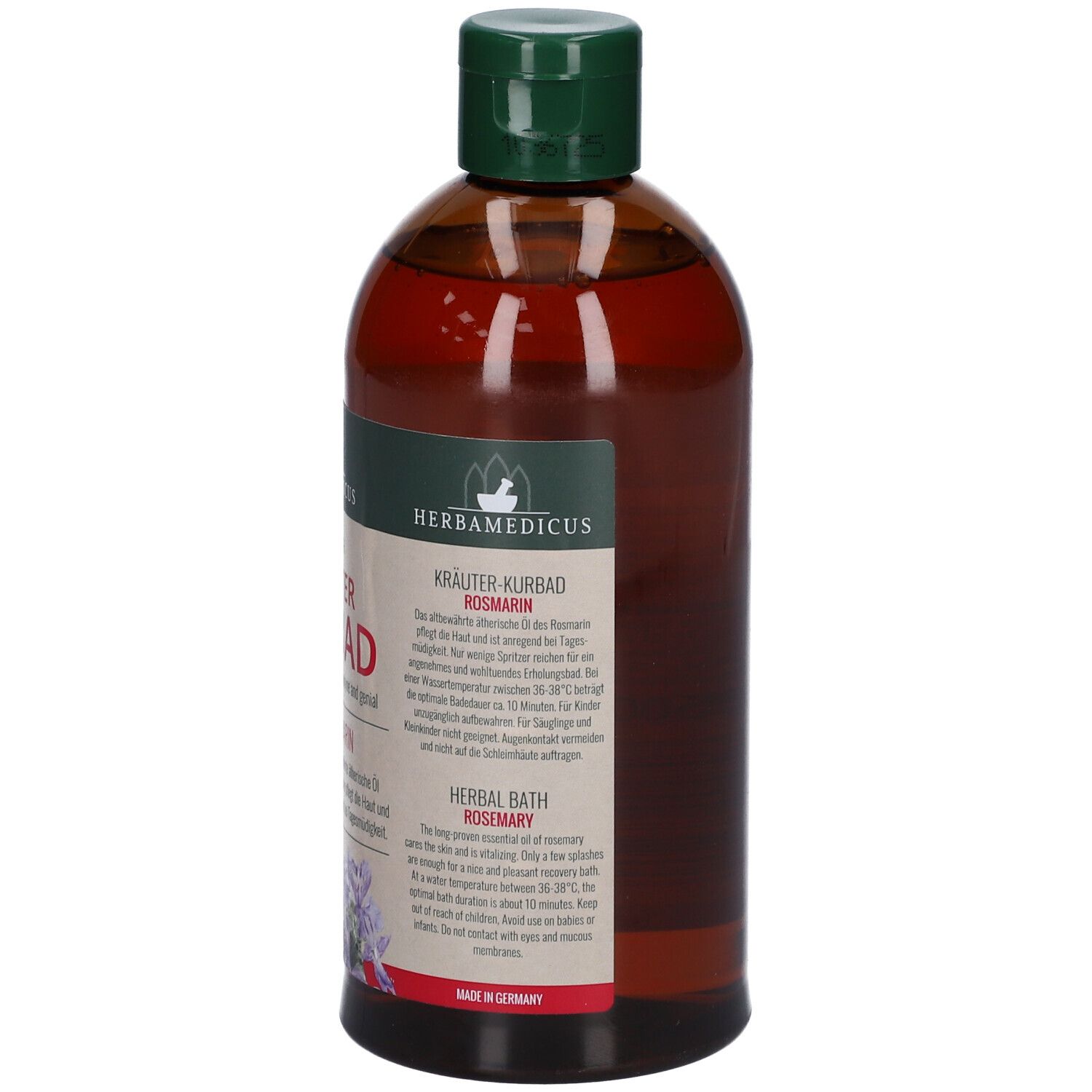 Arrière d'une bouteille en verre brun de bain aux herbes. L'étiquette montre les informations produit, un sceau et l'origine "Made in Germany".