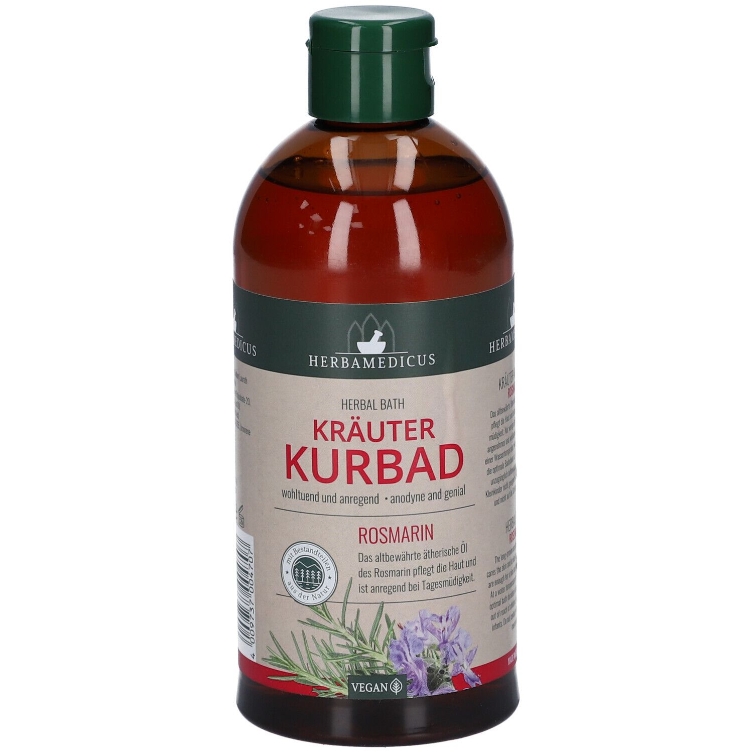 HERBAMEDICUS Kräuter Kurbad Rosmarin. Bouteille marron avec bouchon vert. Étiquette avec texte et illustrations de romarin.