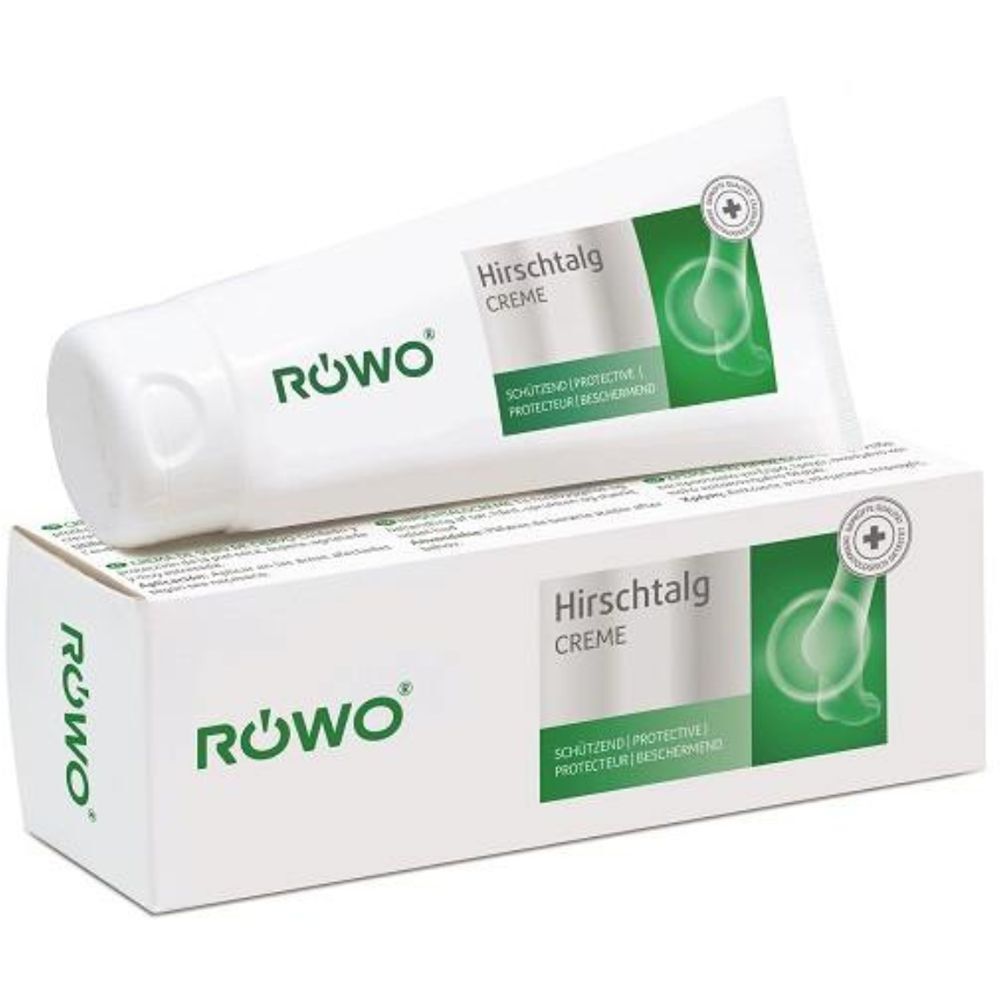 Tube et boîte de crème de graisse de cerf Röwo avec symbole de sceau de protection.