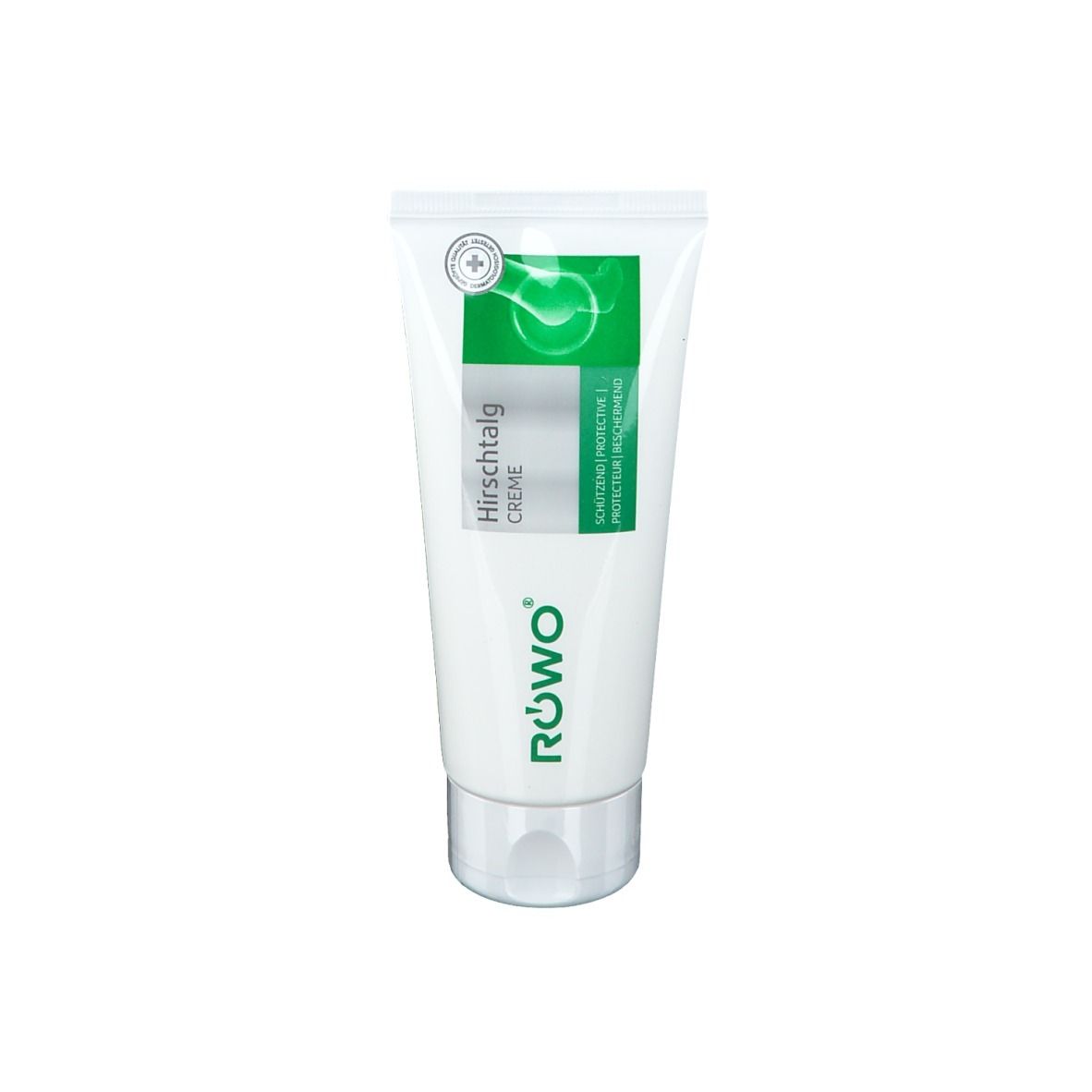 Tube blanc avec bande verte et nom du produit. Marque RÖWO. Bouchon argenté.