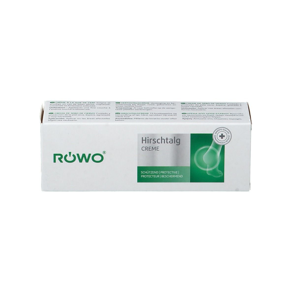 Boîte blanche avec nom du produit et logo. Marque RÖWO. Bande verte.