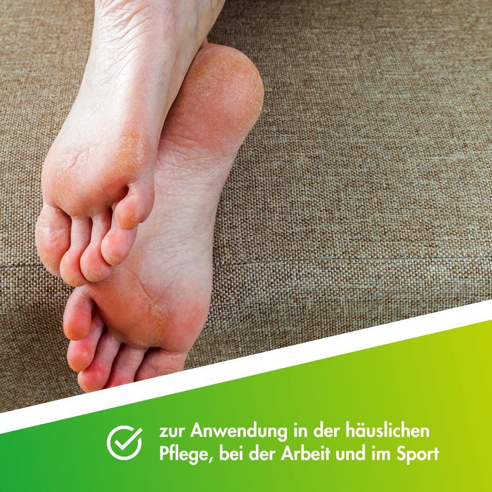 Pieds à la peau sèche et craquelée. Texte : Pour une utilisation dans les soins à domicile, au travail et dans le sport.