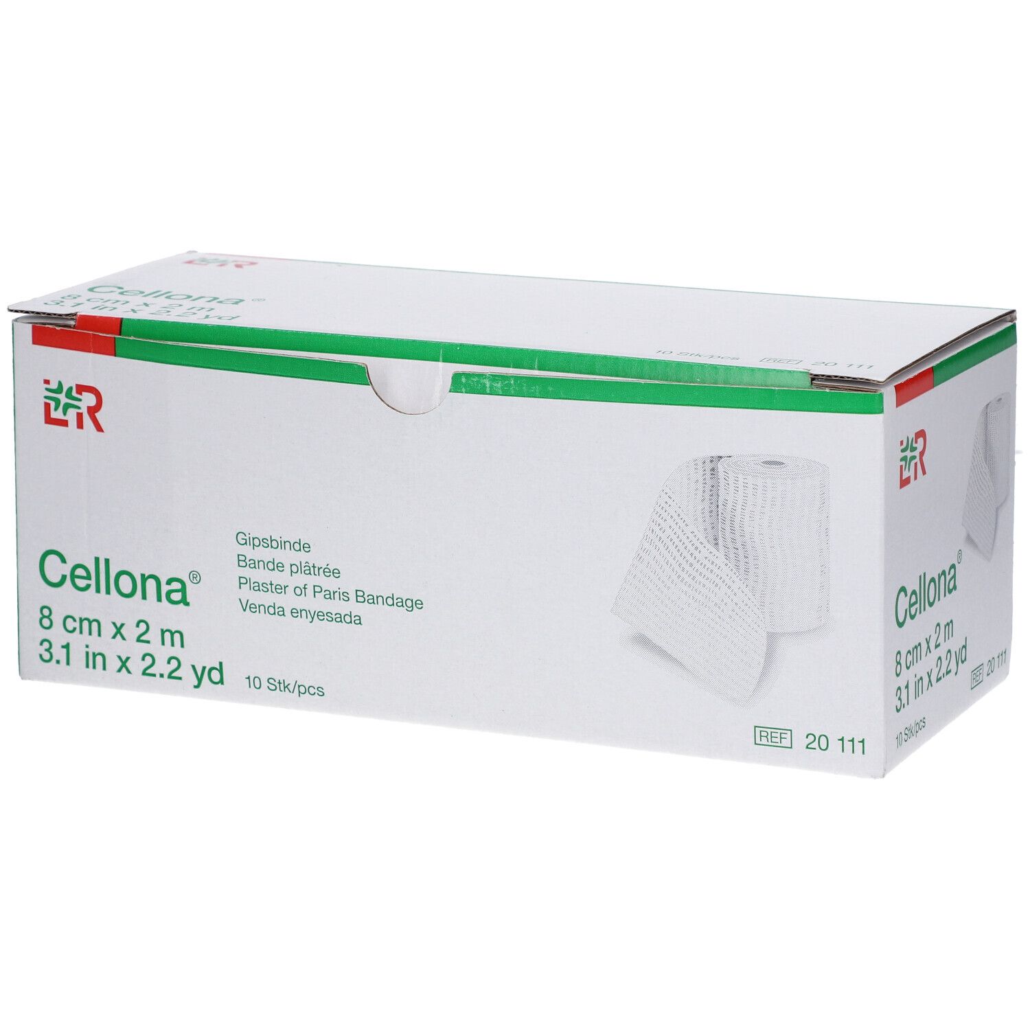 Emballage Cellona Gipsbinde. Boîte blanche avec accents verts et rouges. Nom et dimensions du produit visibles.