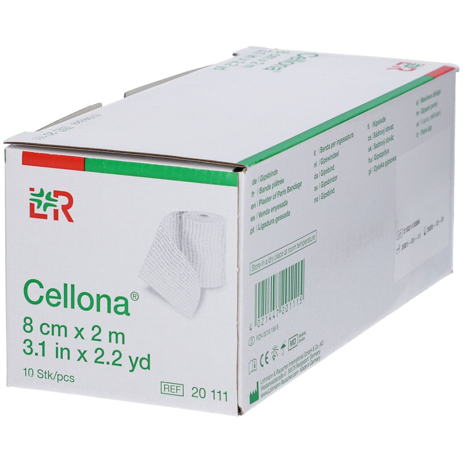 Emballage Cellona Gipsbinde. Boîte blanche avec accents verts et rouges. Produit et rouleau visibles.