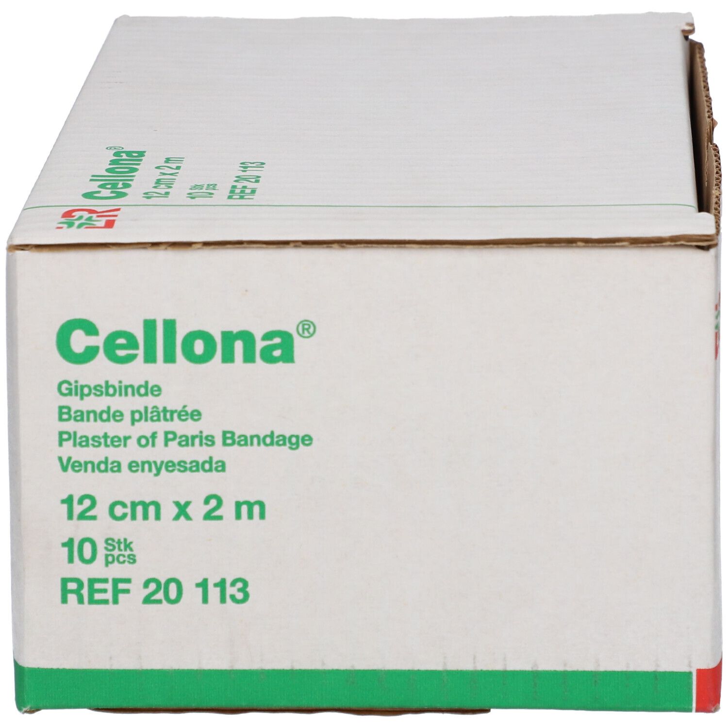 Emballage de Cellona® Gipsbinde. Inscription : 12 cm x 2 m, 10 pièces. Carton vert et blanc avec nom du produit et informations du fabricant.