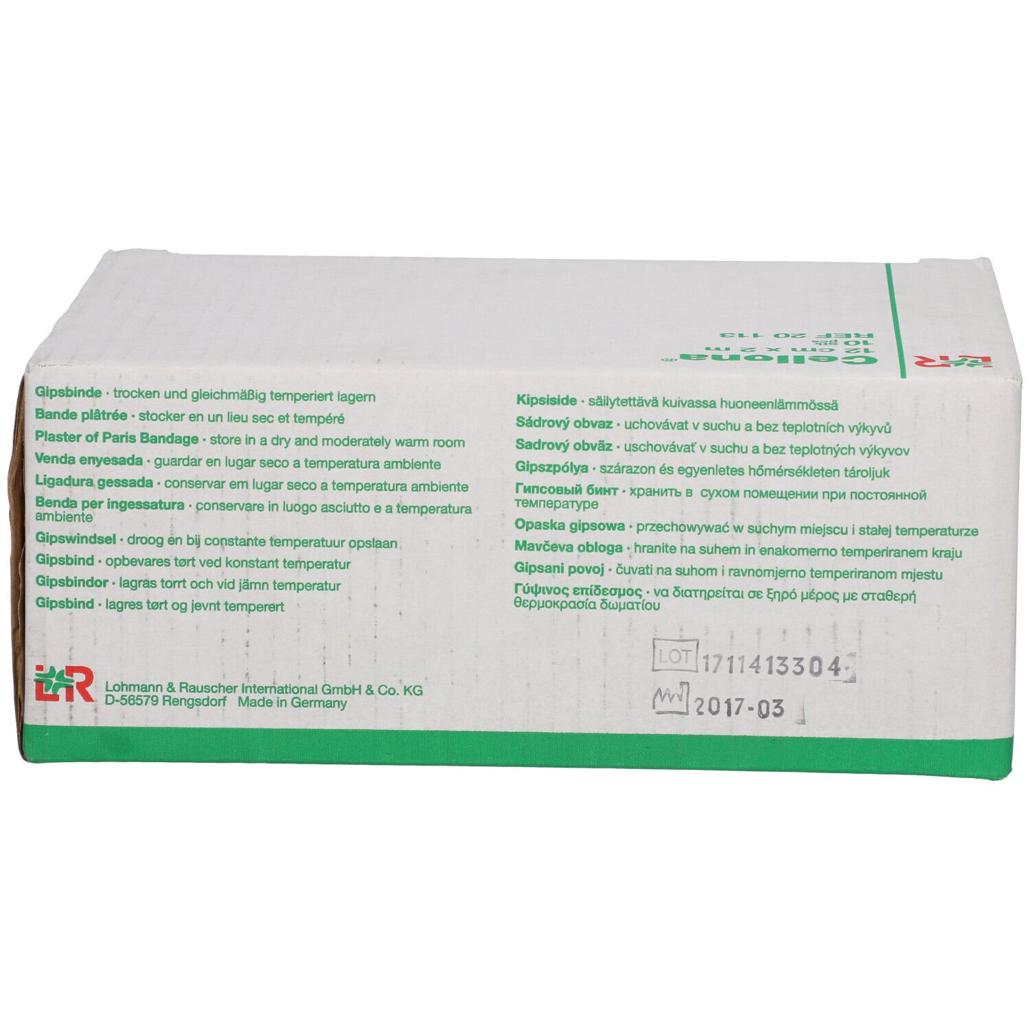 Dos de l'emballage Cellona® Gipsbinde. Instructions de stockage multilingues. Informations sur le fabricant et le lot.