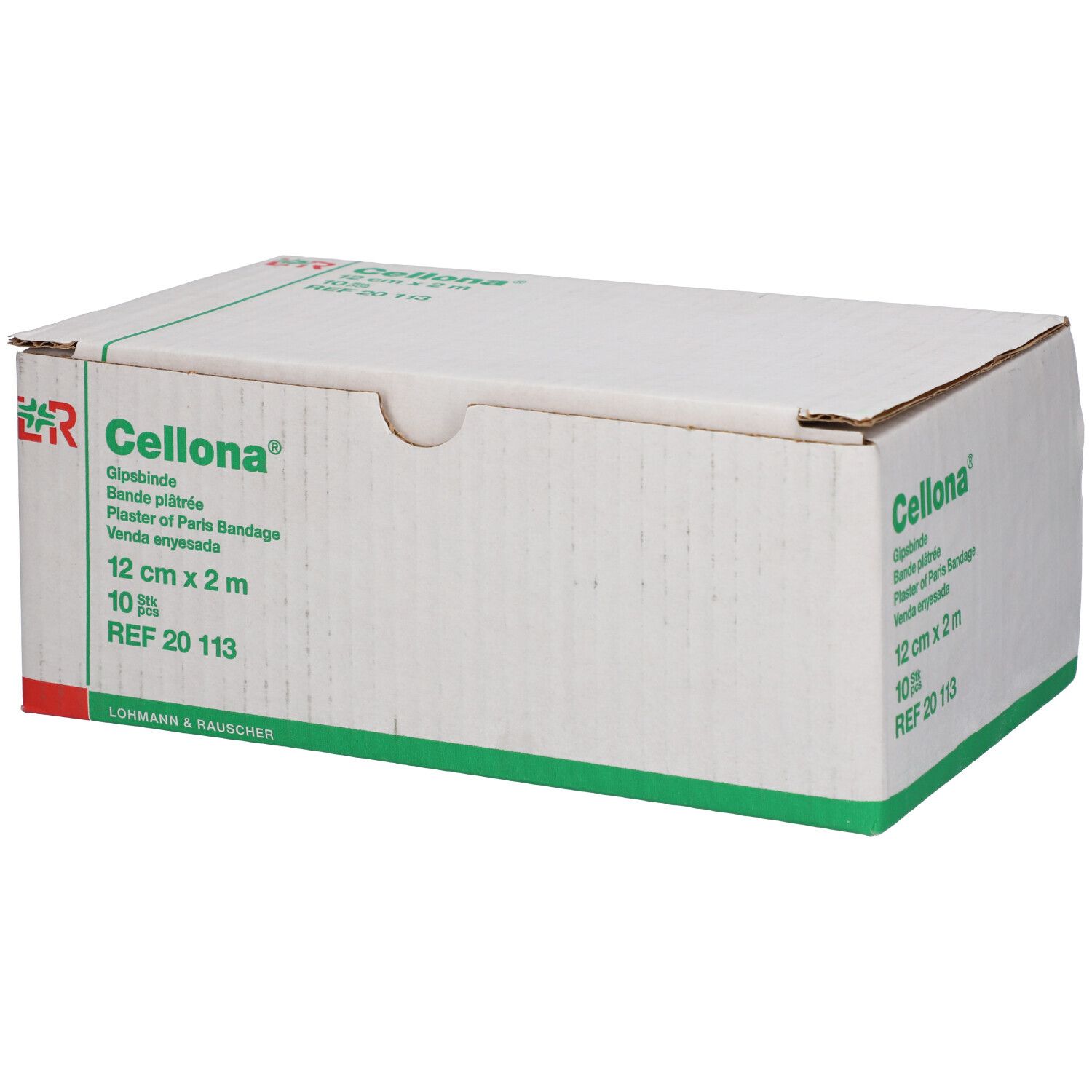 Emballage de Cellona® Gipsbinde. Inscription : 12 cm x 2 m, 10 pièces. Carton vert et blanc avec nom du produit et informations du fabricant.