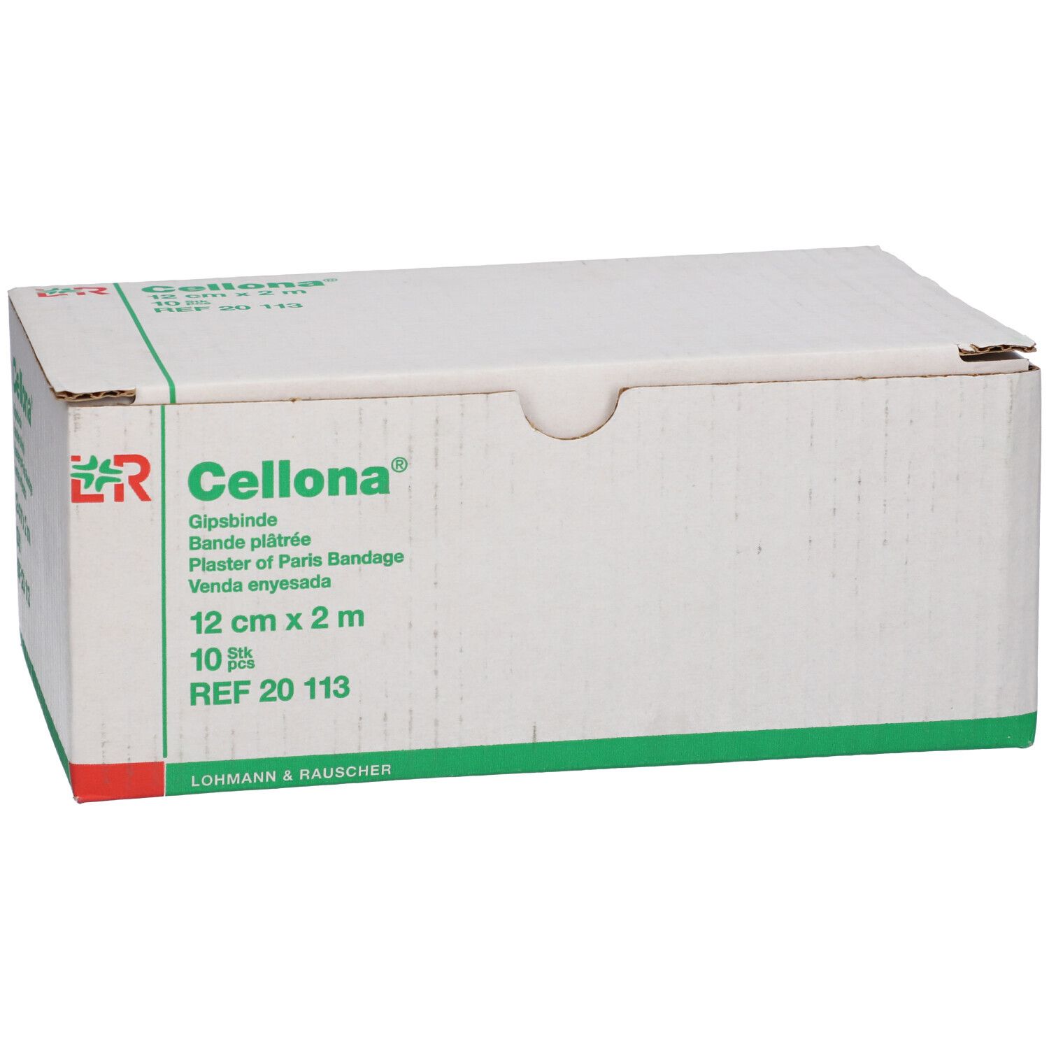 Emballage de Cellona® Gipsbinde. Inscription : 12 cm x 2 m, 10 pièces. Carton vert et blanc avec nom du produit et informations du fabricant.