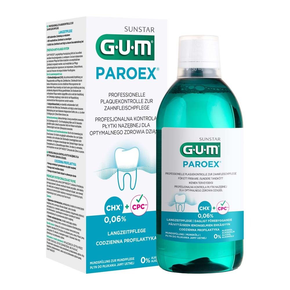 GUM Paroex bain de bouche 0,06% avec emballage. Liquide vert en bouteille. Contrôle professionnel de la plaque.