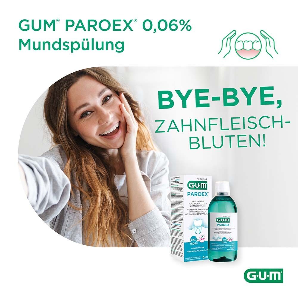 Femme souriante. GUM Paroex bain de bouche 0,06% et emballage. Texte: Bye-Bye, saignements des gencives!