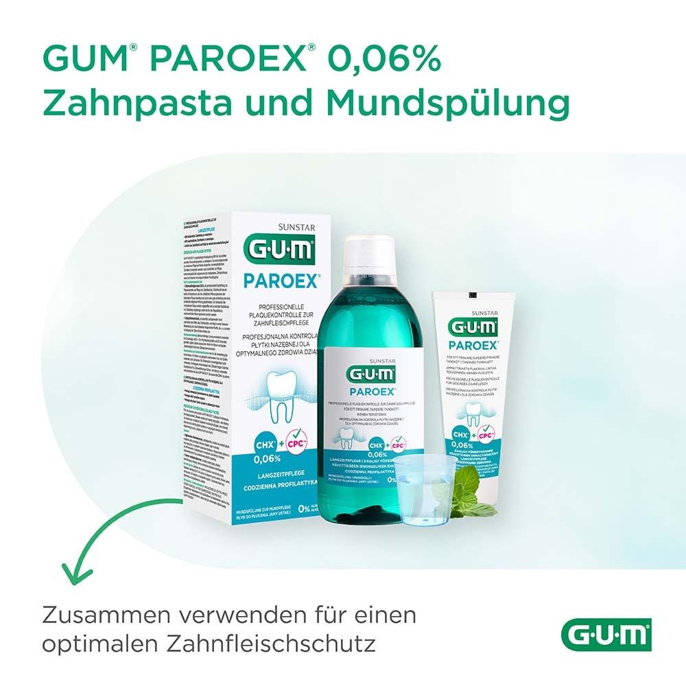 GUM Paroex 0,06% dentifrice et bain de bouche. Utiliser ensemble pour une protection optimale des gencives.