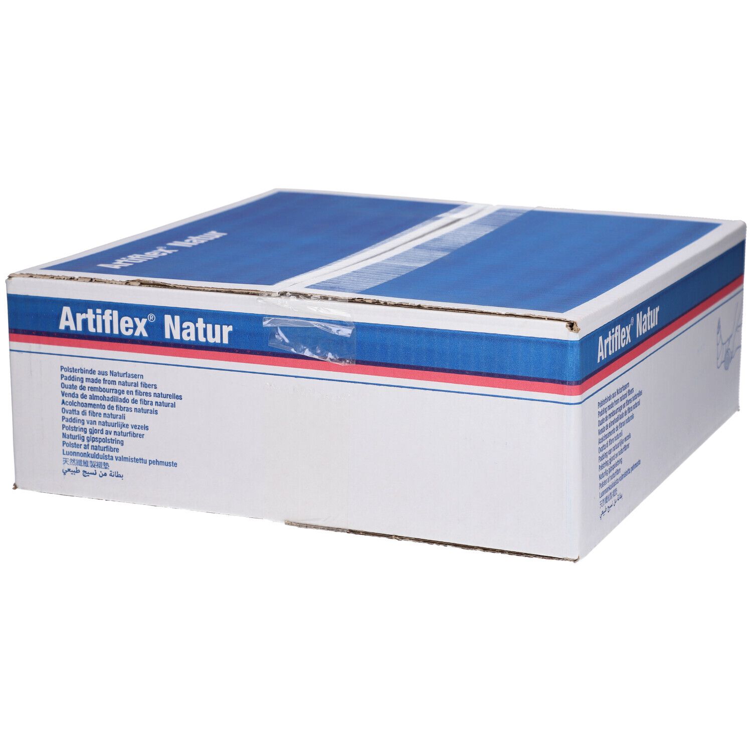 Boîte Artiflex Natur. Inscription : Rembourrage en fibres naturelles. Informations produit multilingues.