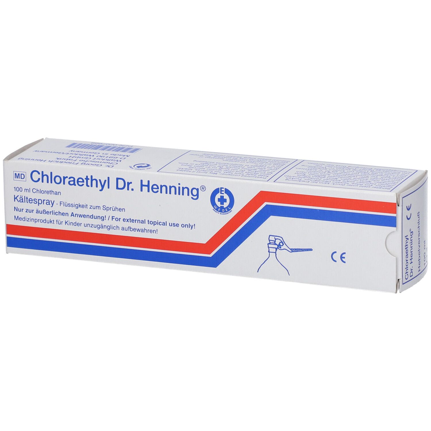 Boîte de Chloraethyl Dr. Henning®. Bandes bleues et rouges. Texte : Kältespray, 100 ml Chlorethan. Marque CE.