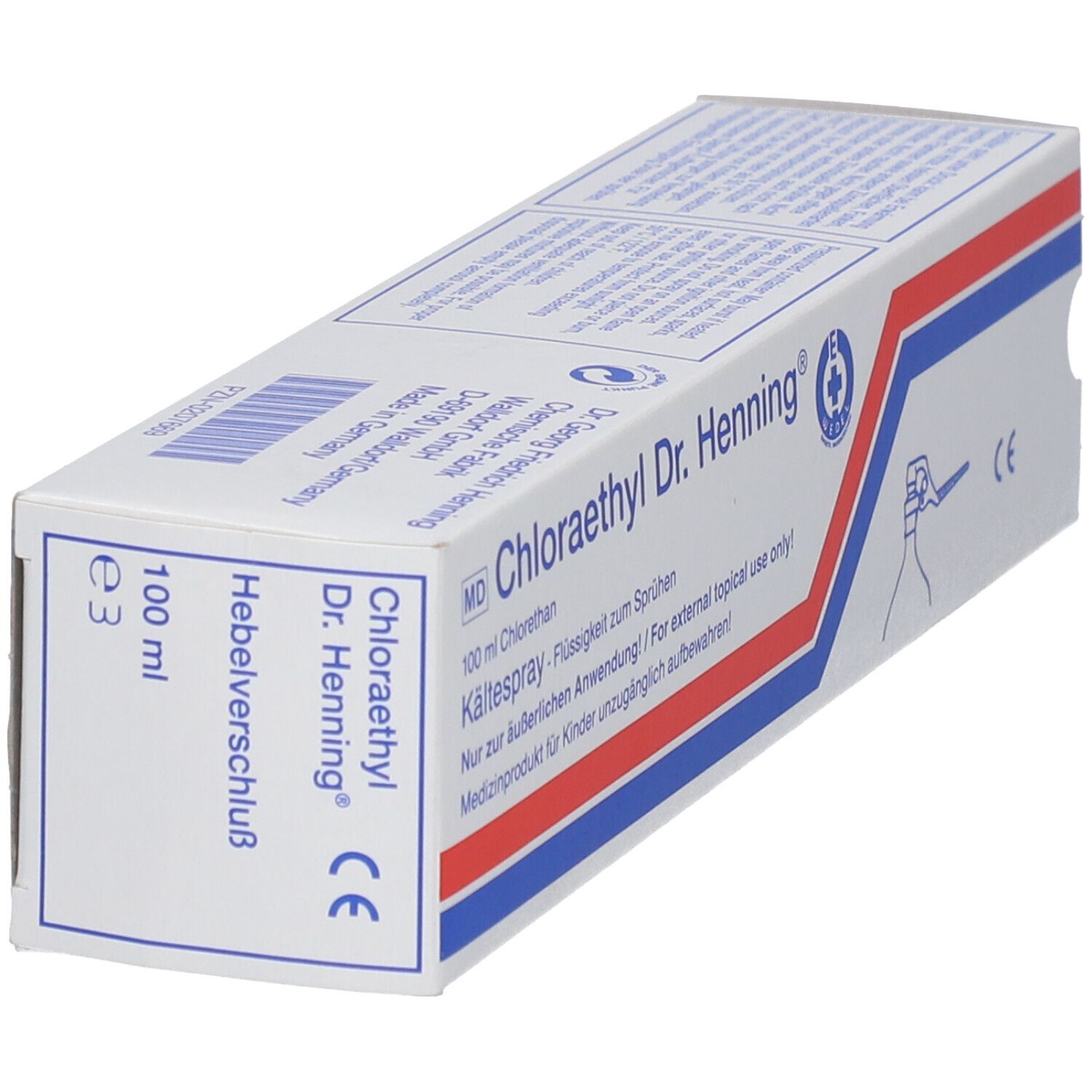 Boîte de Chloraethyl Dr. Henning®. Texte : 100 ml, Hebelverschluss. Marque CE. Bandes bleues et rouges.