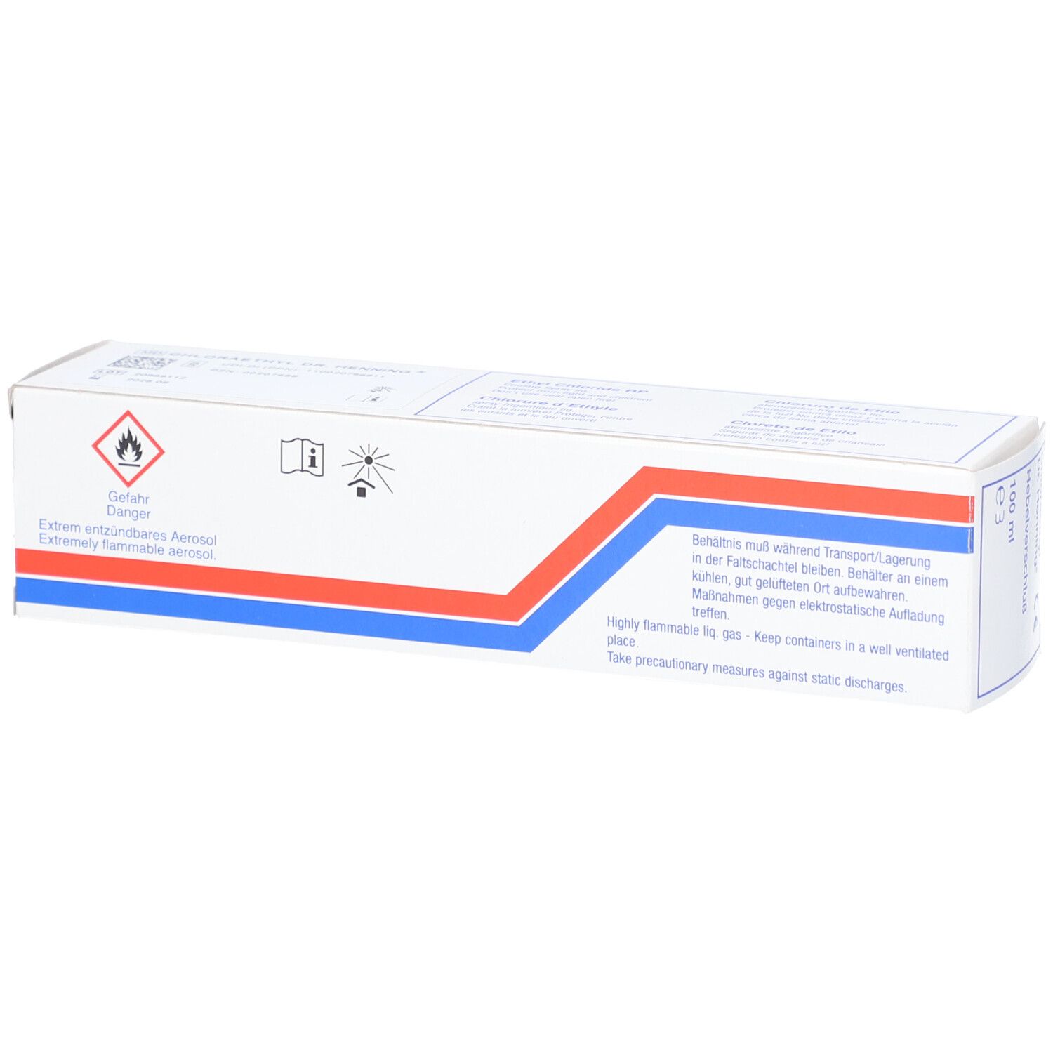 Boîte de Chloraethyl Dr. Henning®. Avertissements. Bandes bleues et rouges. Symbole de danger : facilement inflammable.