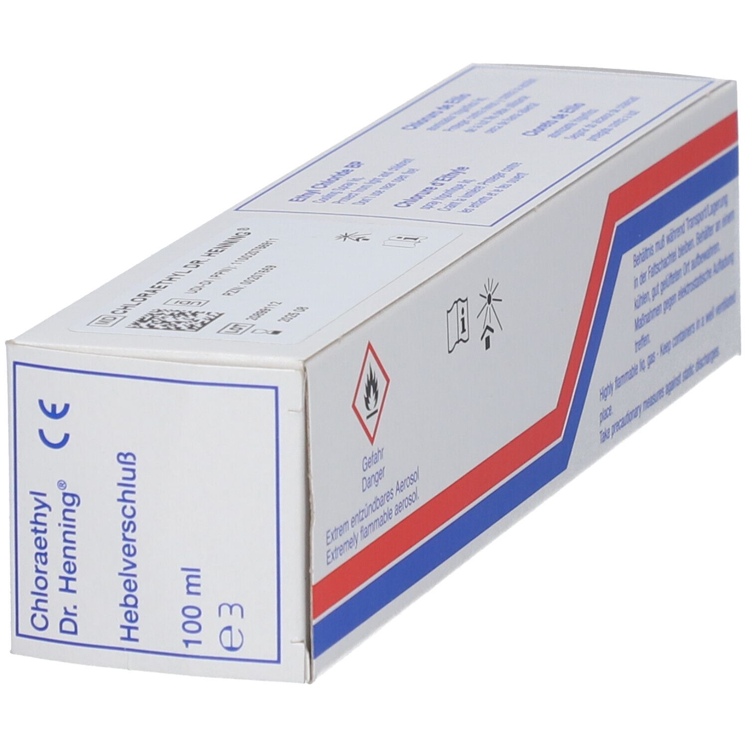 Boîte de Chloraethyl Dr. Henning®. Texte : 100 ml, Hebelverschluss. Symbole de danger : facilement inflammable.