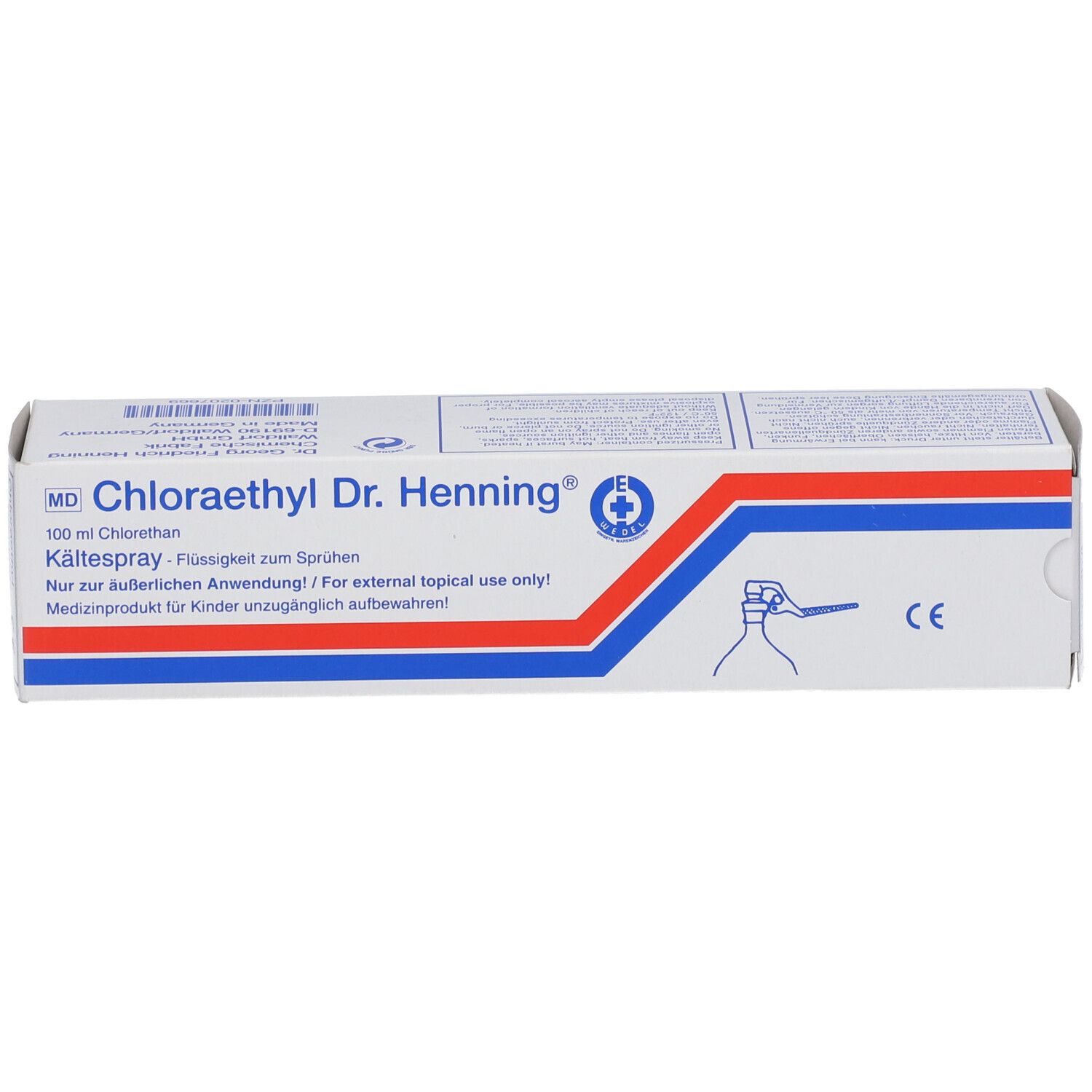 Boîte de Chloraethyl Dr. Henning®. Bandes bleues et rouges. Texte : Kältespray, 100 ml Chlorethan. Marque CE.