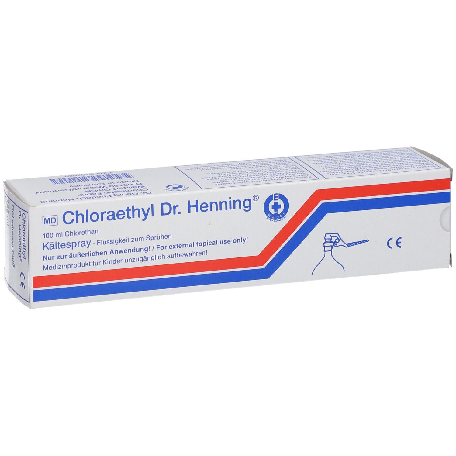 Boîte de Chloraethyl Dr. Henning®. Bandes bleues et rouges. Texte : Kältespray, 100 ml Chlorethan. Marque CE.