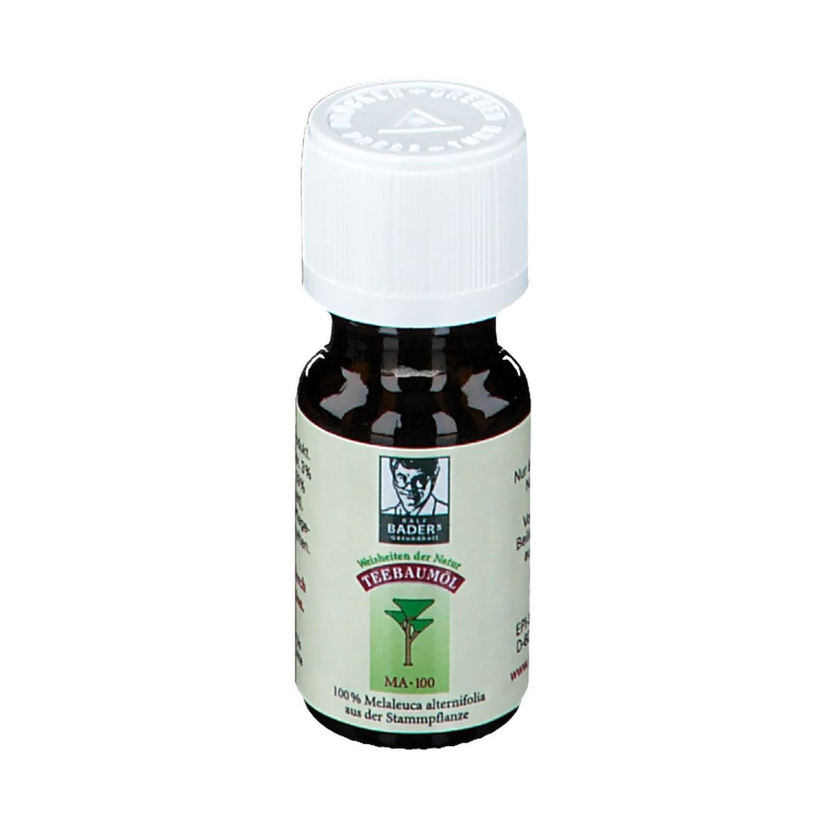 Flacon en verre brun avec bouchon blanc. Étiquette avec nom et logo du produit. Texte : MA-100, 100% Melaleuca alternifolia.