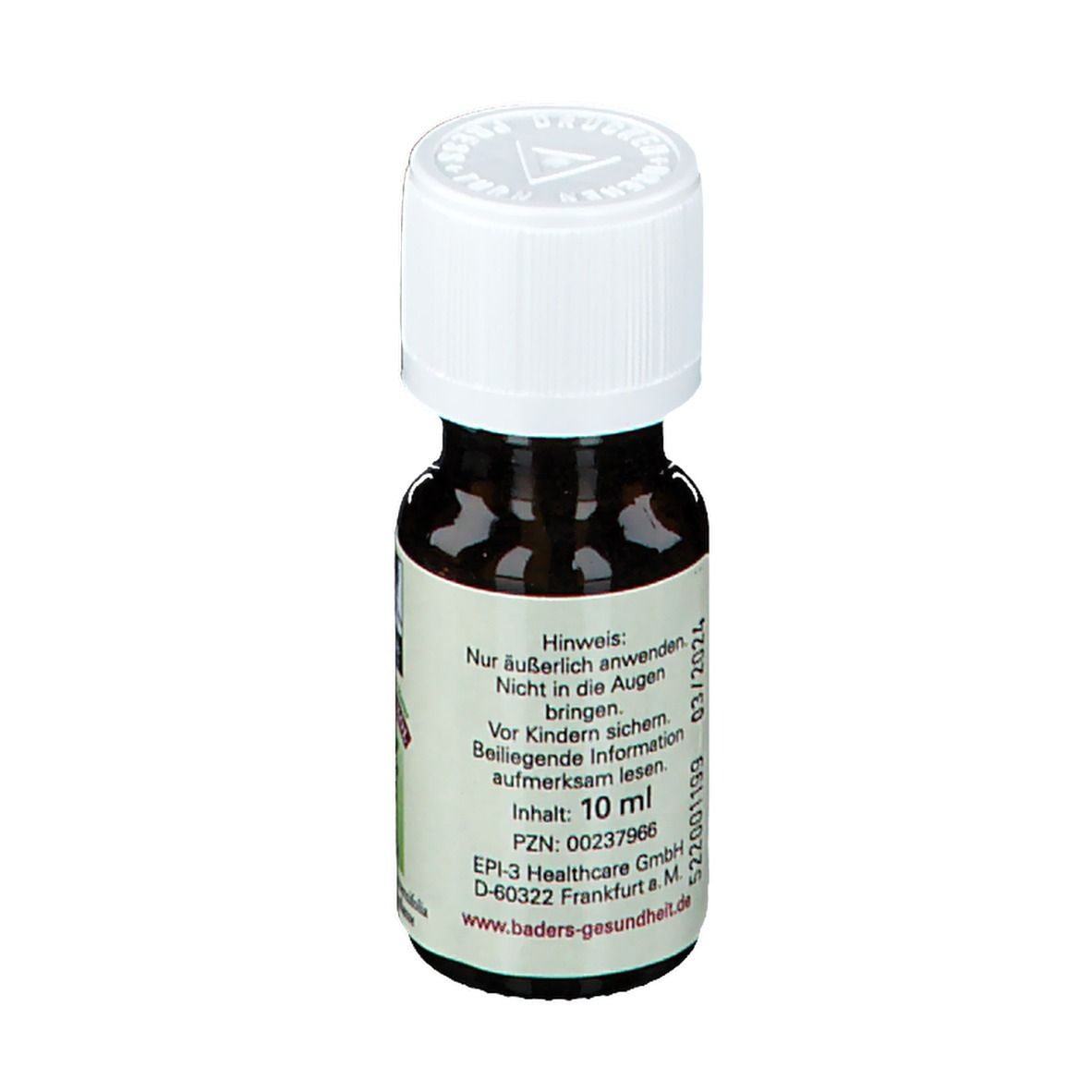 Flacon en verre brun avec bouchon blanc. Étiquette avec avertissements et contenu : 10 ml. PZN : 00237966.