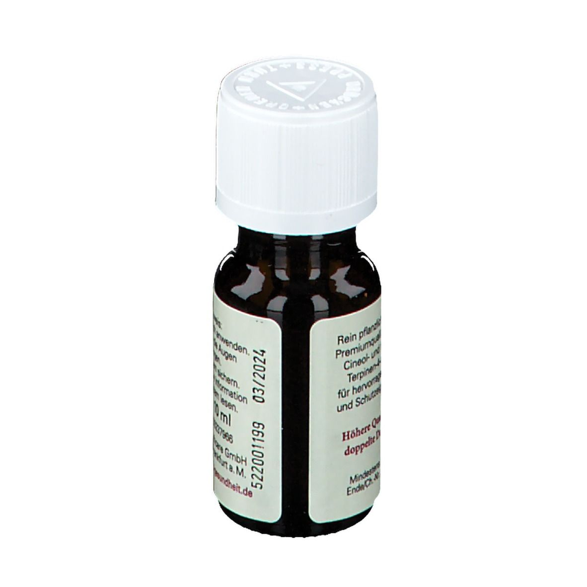 Flacon en verre brun avec bouchon blanc. Étiquette avec informations et date de péremption 03/2024. Contenu : 10 ml.