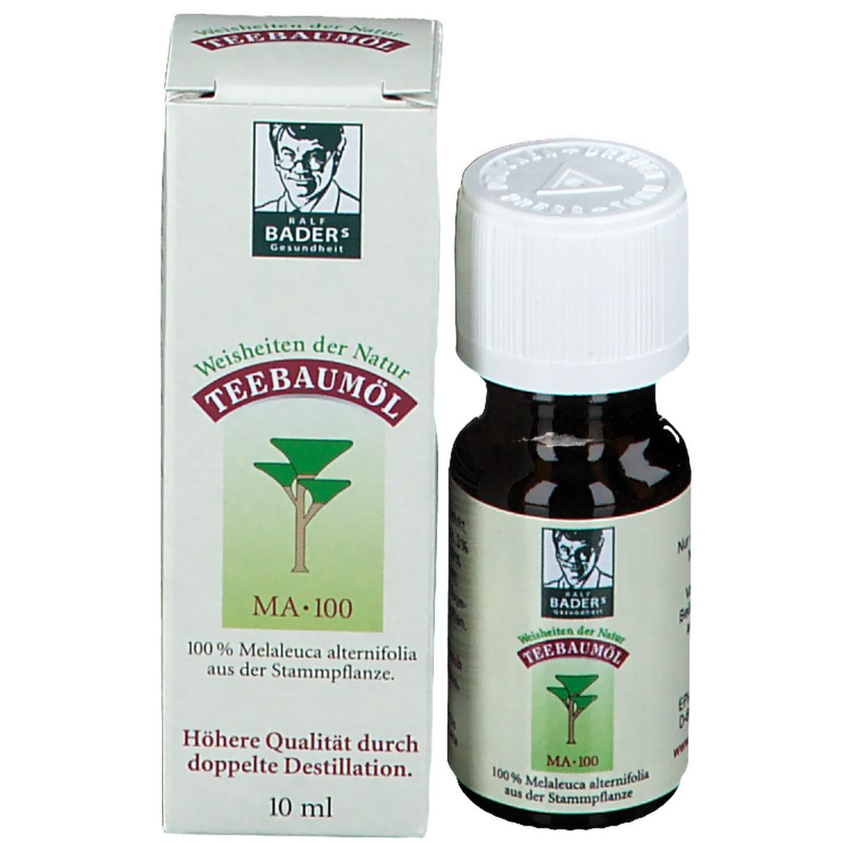 Flacon et emballage du produit. Flacon avec bouchon blanc. Emballage avec nom, logo et texte : 10 ml.