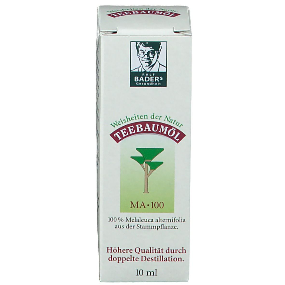 Emballage du produit. Boîte blanche avec nom, logo et texte : 10 ml. Texte : Qualité supérieure par double distillation.
