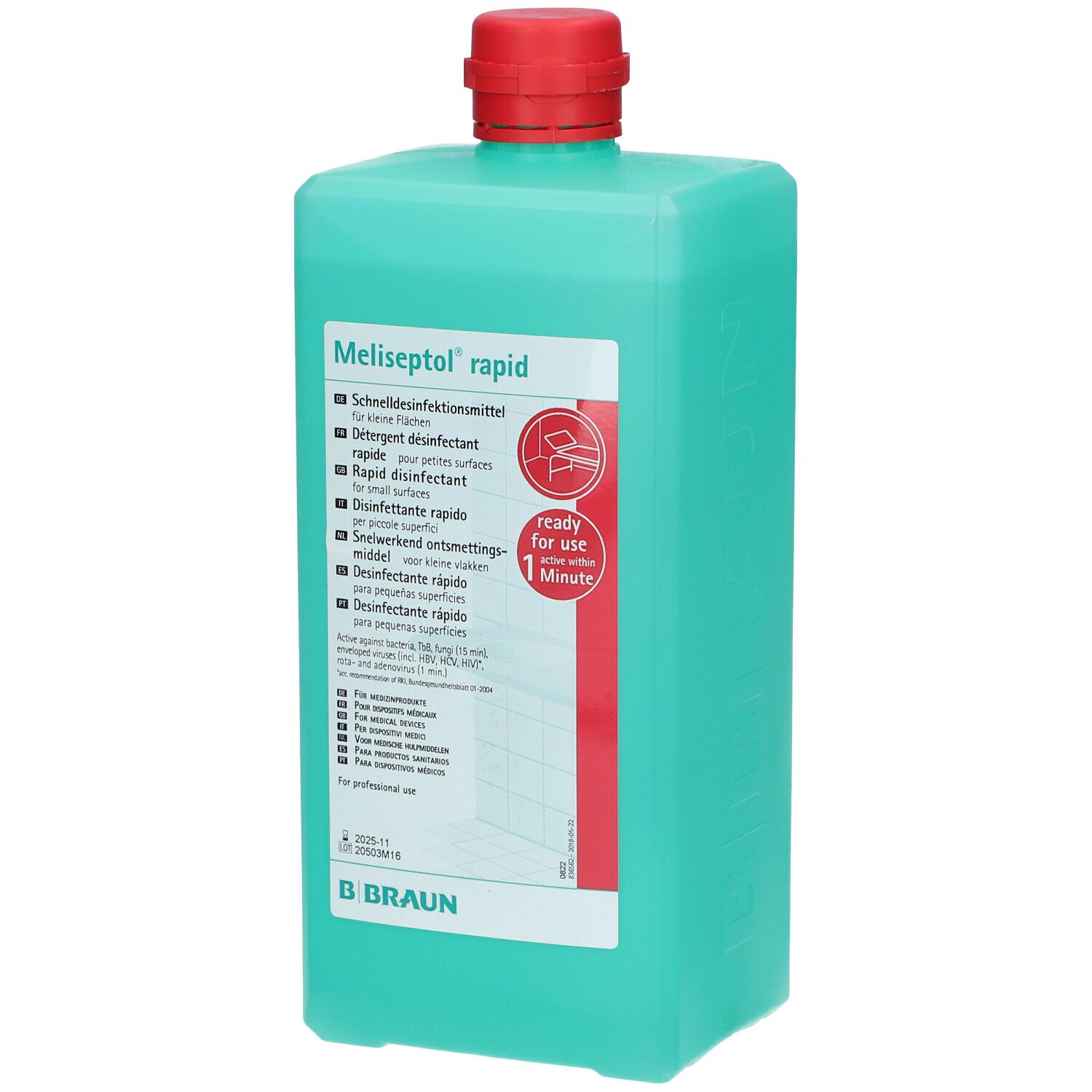 Flacon vert avec bouchon rouge. Inscription: Meliseptol rapid. Informations multilingues sur le produit. Marque Braun.