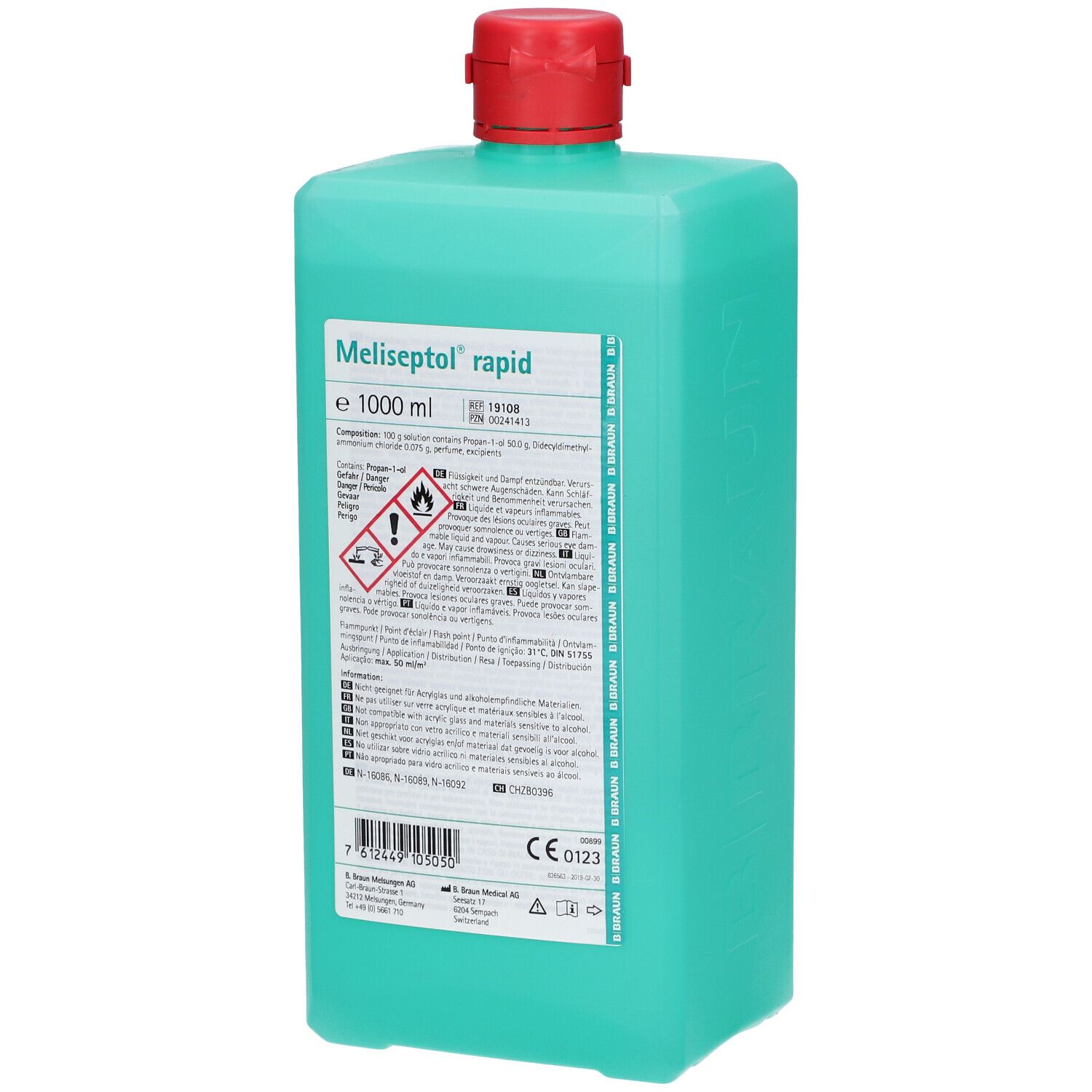Flacon vert avec bouchon rouge. Inscription: Meliseptol rapid. 1000 ml. Avertissements et informations sur le produit.