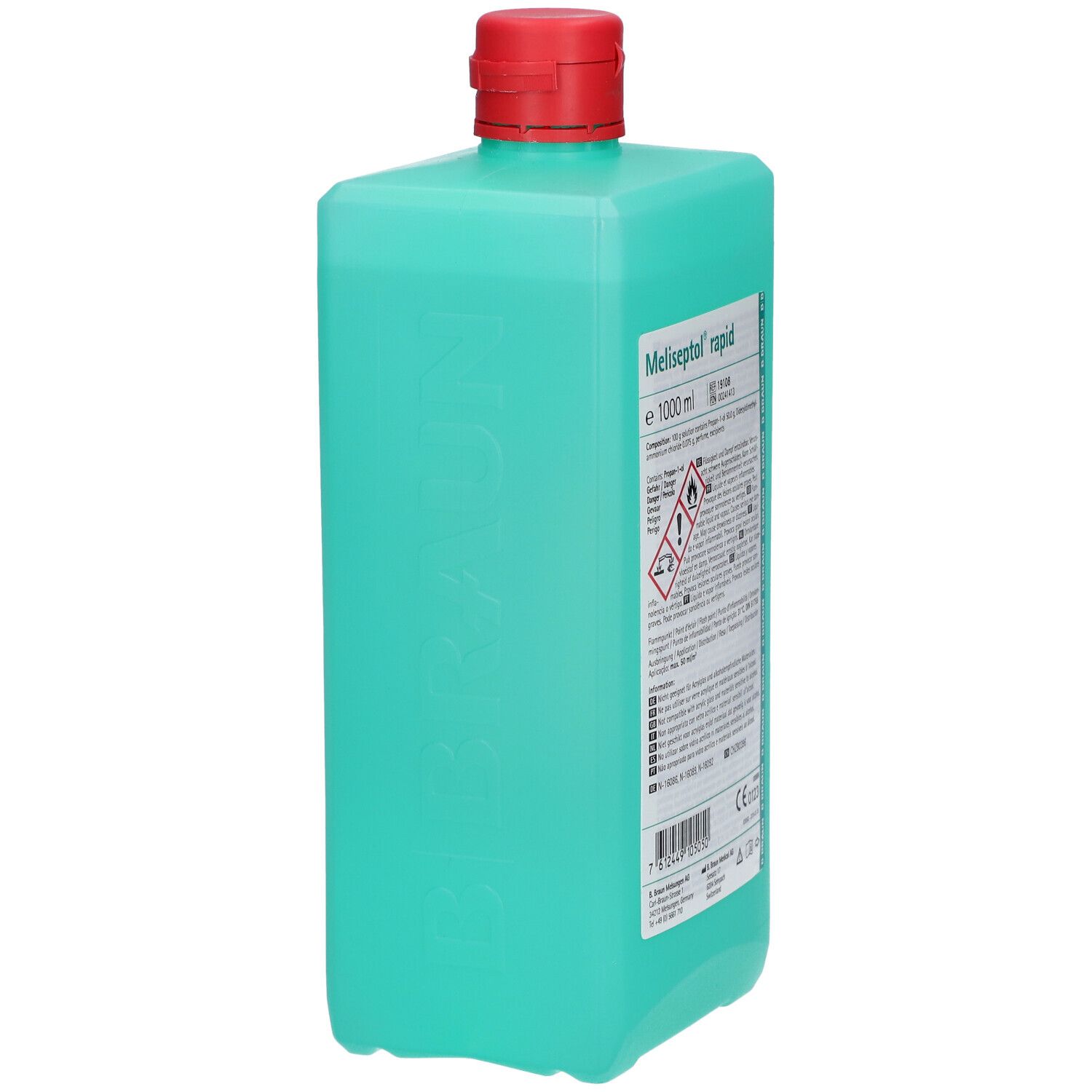 Flacon vert avec bouchon rouge. Inscription: Meliseptol rapid. 1000 ml. Avertissements et informations sur le produit.