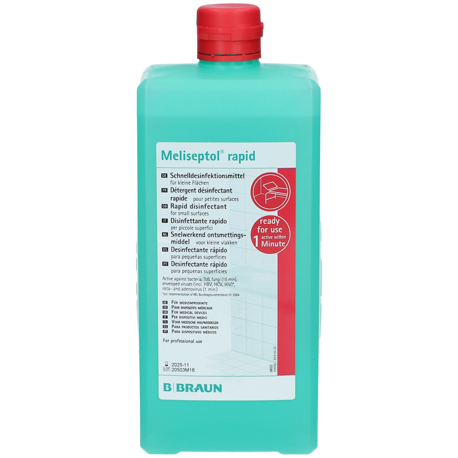 Flacon vert avec bouchon rouge. Inscription: Meliseptol rapid. Informations multilingues sur le produit. Marque Braun.
