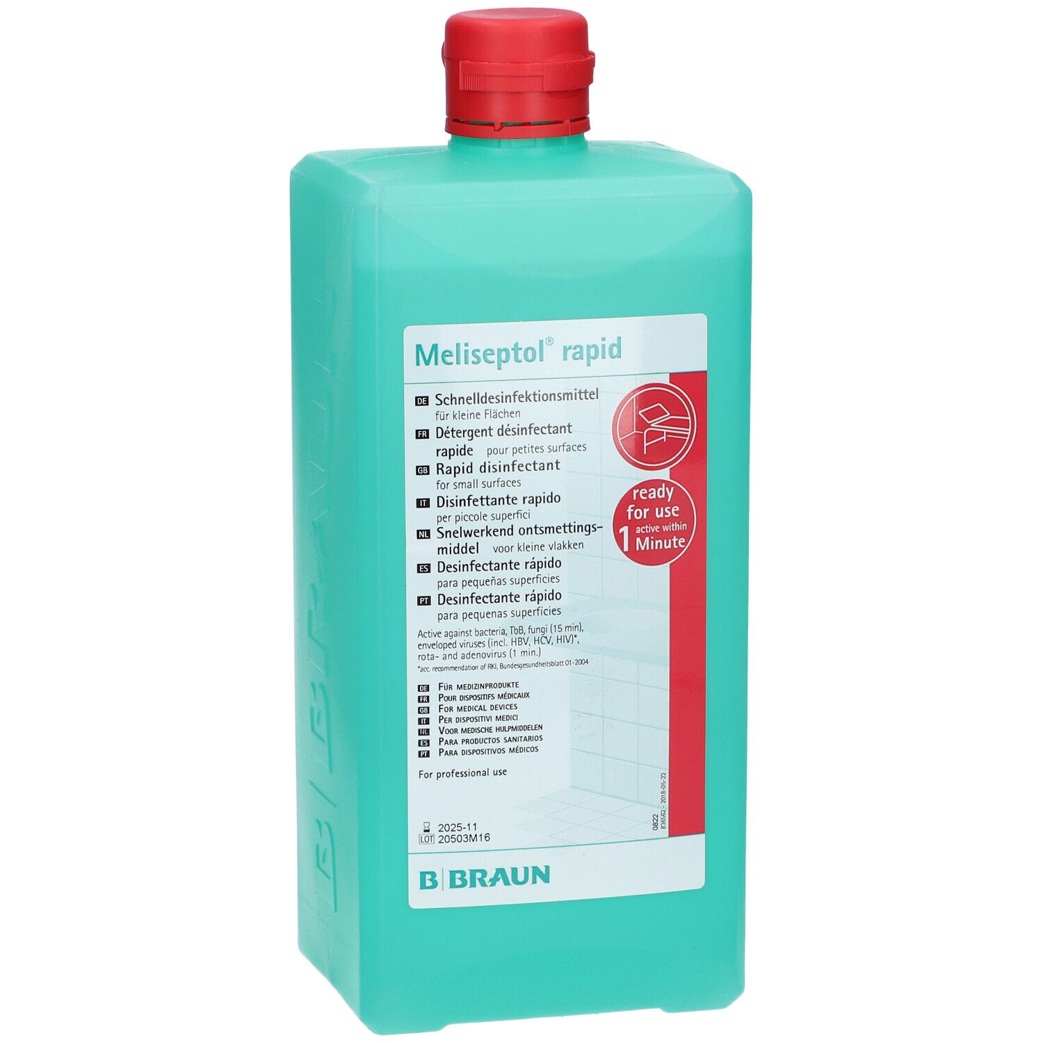 Flacon vert avec bouchon rouge. Inscription: Meliseptol rapid. Informations multilingues sur le produit. Marque Braun.
