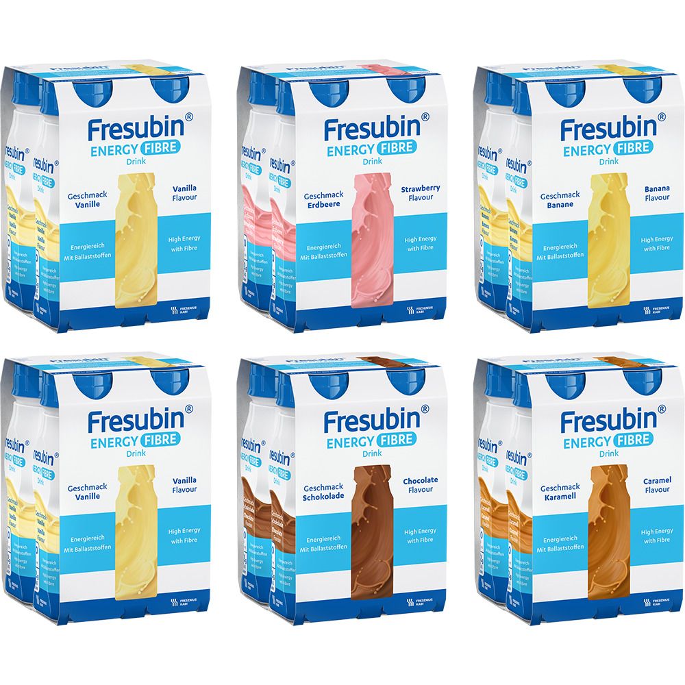 Six packs de Fresubin Energy Fibre Drink. Différentes saveurs : vanille, fraise, banane, chocolat, caramel. Emballage.