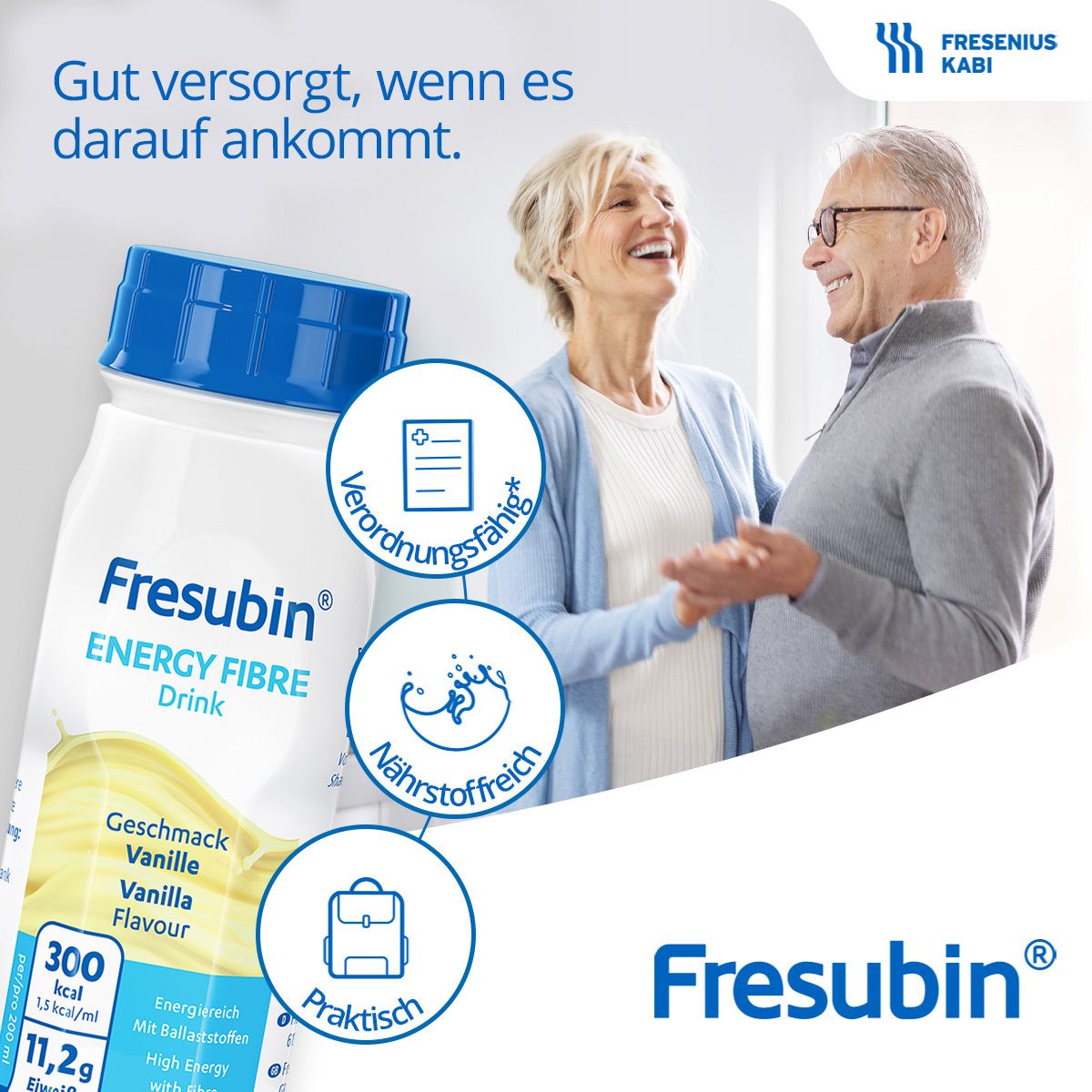 Couple âgé avec Fresubin Energy Fibre Drink. Produit saveur vanille, informations nutritionnelles et caractéristiques.