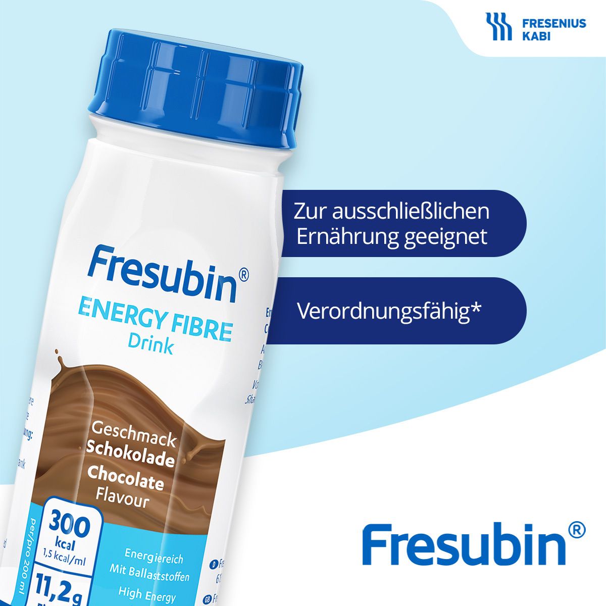 Fresubin Energy Fibre Drink, saveur chocolat. Informations nutritionnelles et caractéristiques. Bouteille.
