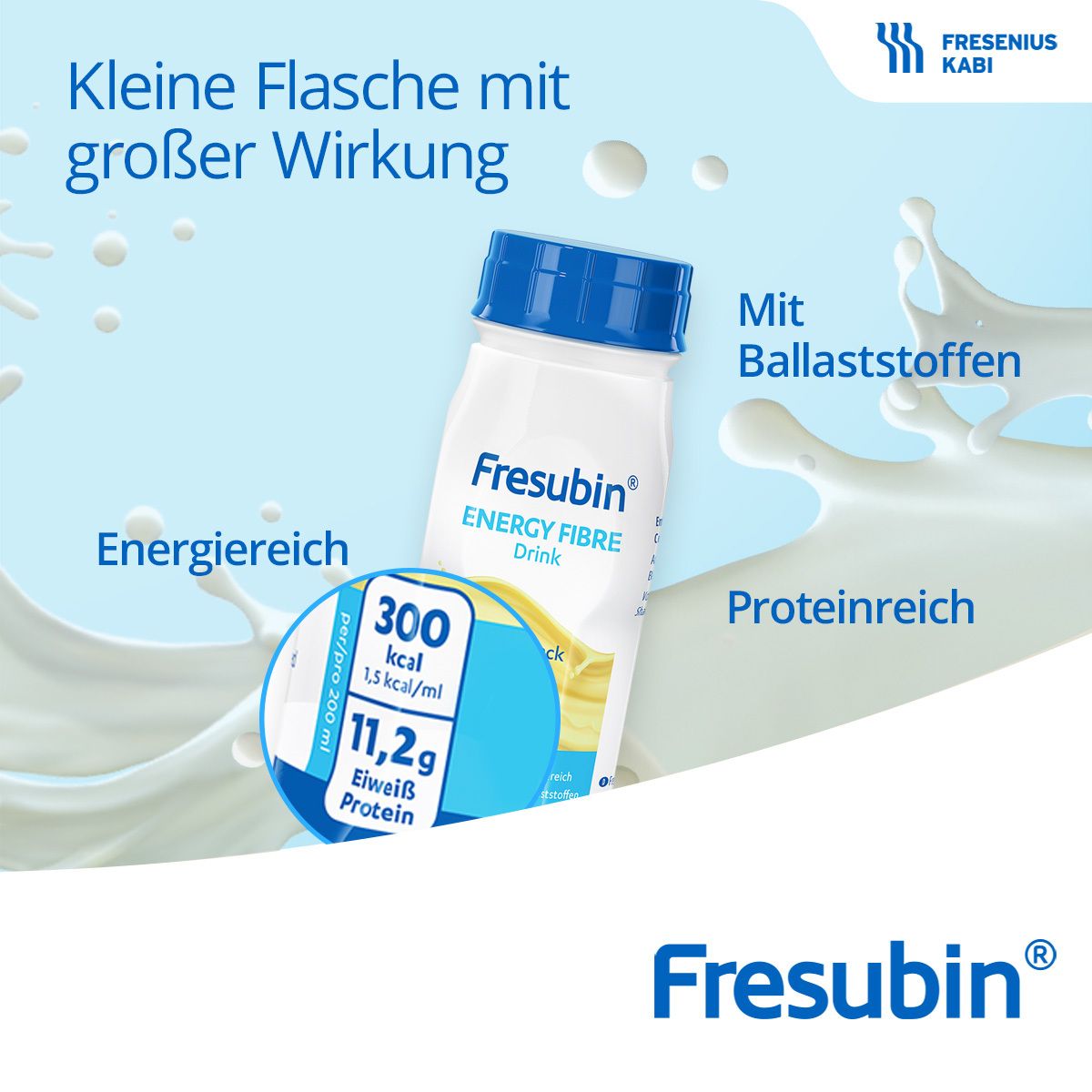 Fresubin Energy Fibre Drink, saveur vanille. Informations nutritionnelles et caractéristiques. Bouteille.