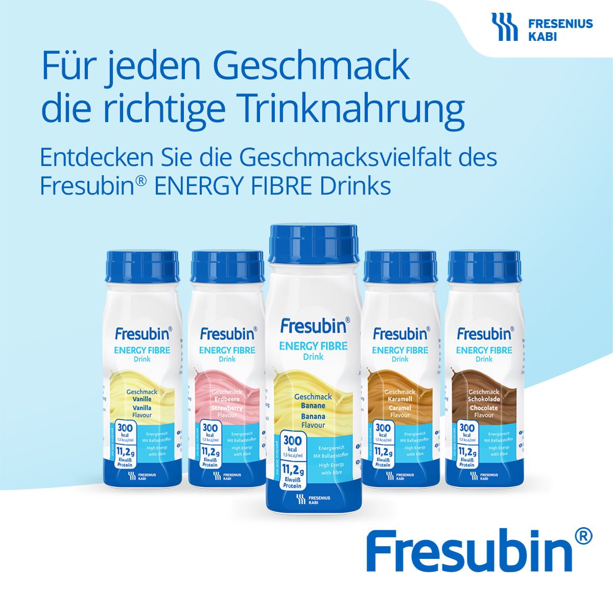 Différentes saveurs de Fresubin Energy Fibre Drink. Vanille, fraise, banane, caramel, chocolat. Bouteilles.