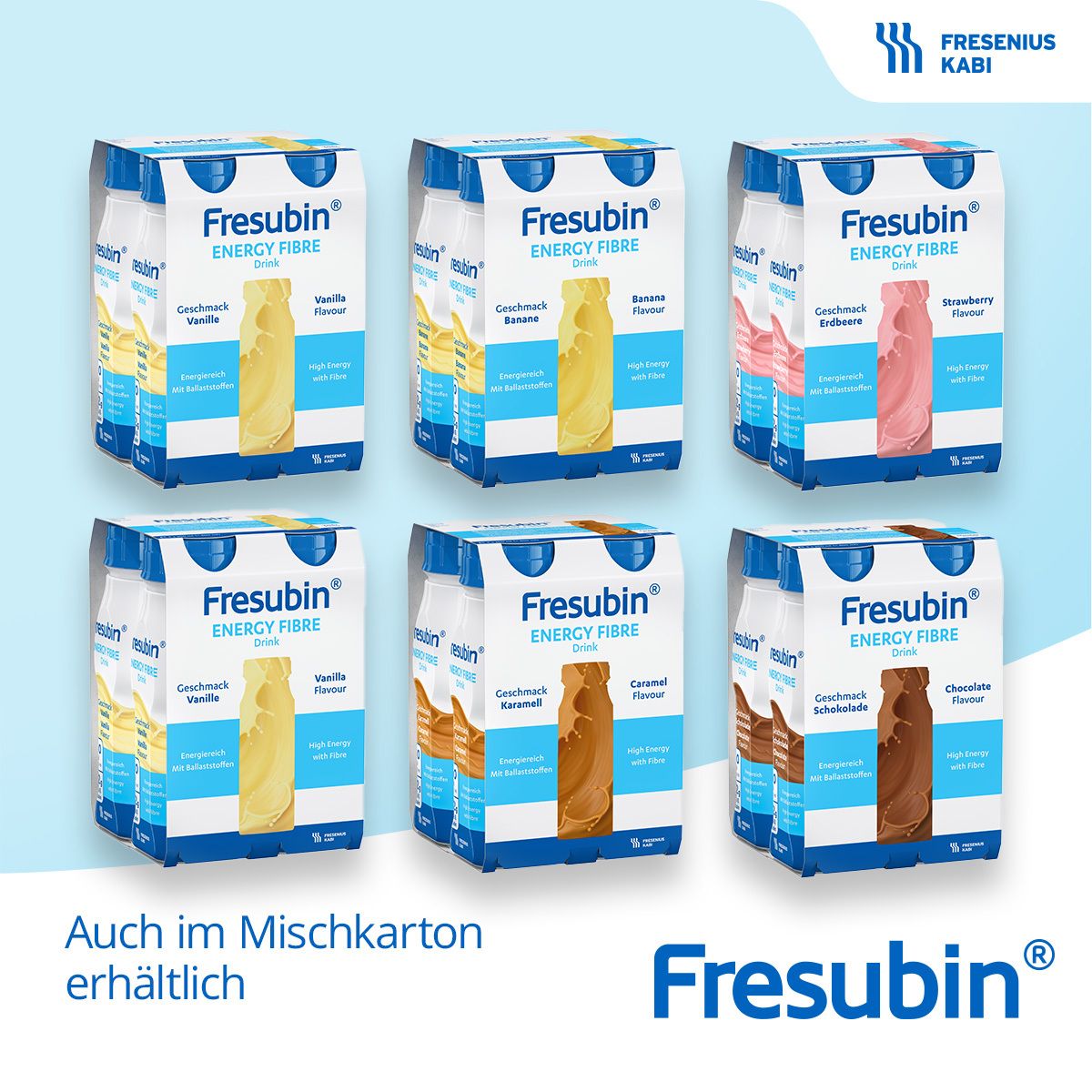 Six packs de Fresubin Energy Fibre Drink. Différentes saveurs. Bouteilles.